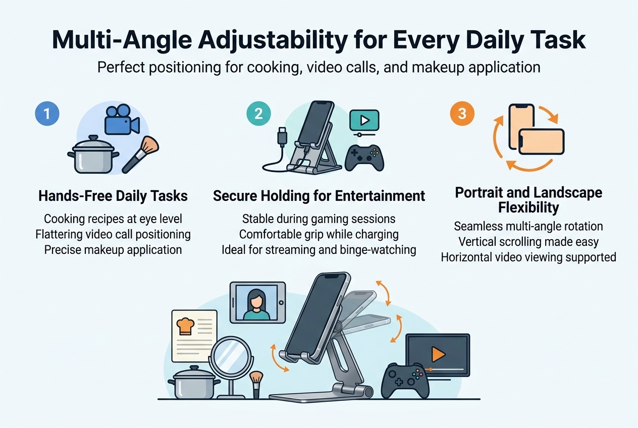 Create a clean, professional full-bleed infographic illustration in a 3:2 aspect ratio with a modern tech-lifestyle aesthetic, white background with soft blue and teal accents, dark charcoal text, and orange highlight details. Use a bold sans-serif font for the title and clear readable sans-serif body text. 

Top center headline in large bold text: "Multi-Angle Adjustability for Every Daily Task"
Directly beneath it, smaller subtitle text: "Perfect positioning for cooking, video calls, and makeup application"

Arrange the content in three wide horizontal sections across the page, each with a numbered badge, an icon, and short supporting text.

Left section:
A blue circular number badge "1" and an icon of a cooking pot, video camera, and makeup brush grouped together.
Section heading: "Hands-Free Daily Tasks"
Body text: "Cooking recipes at eye level"
Body text: "Flattering video call positioning"
Body text: "Precise makeup application"

Center section:
A teal circular number badge "2" and an icon of a sturdy foldable stand holding a phone with a charging cable, plus a game controller and a streaming play symbol.
Section heading: "Secure Holding for Entertainment"
Body text: "Stable during gaming sessions"
Body text: "Comfortable grip while charging"
Body text: "Ideal for streaming and binge-watching"

Right section:
An orange circular number badge "3" and an icon showing a phone rotating between portrait and landscape with curved arrows.
Section heading: "Portrait and Landscape Flexibility"
Body text: "Seamless multi-angle rotation"
Body text: "Vertical scrolling made easy"
Body text: "Horizontal video viewing supported"

Place a realistic illustrated adjustable alloy phone stand in the lower center spanning across the three sections, showing multiple angle positions and a device mounted securely. Add small visual arrows indicating tilt, rotation, and adjustment. Include subtle scene accents around the stand: a recipe card, a video call frame, a makeup mirror, a game controller, and a streaming screen, all neatly integrated without clutter.

Use a balanced wide layout with clear spacing, strong hierarchy, and crisp iconography. No borders, no frame, no watermark.