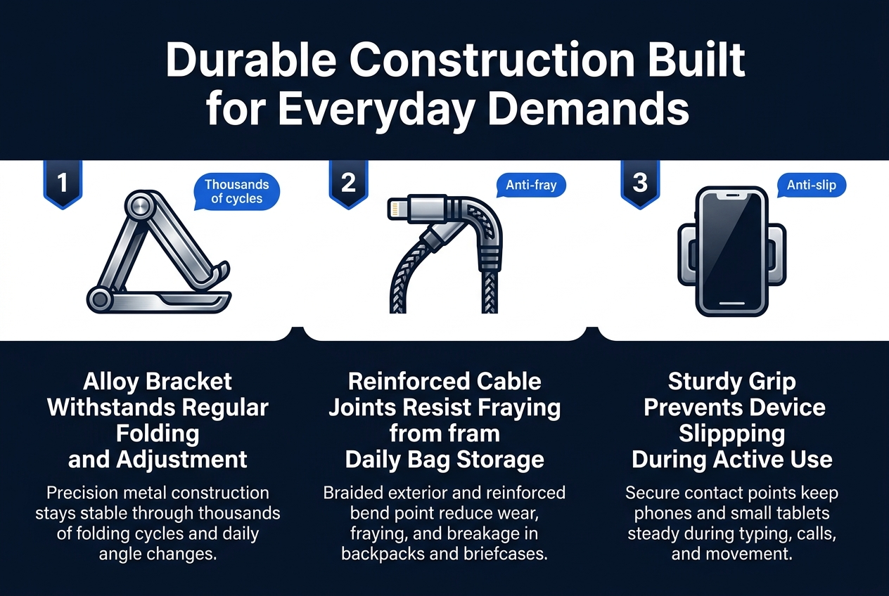 Create a clean, professional infographic in a full-bleed horizontal 3:2 layout with a modern tech style, dark navy and white background, electric blue and silver accents, crisp sans-serif fonts, and strong visual hierarchy. Place a bold title across the top: "Durable Construction Built for Everyday Demands".

Arrange the content in three wide horizontal sections across the center, each with a numbered badge, a clear icon, a short subheading, and a compact supporting sentence. Use subtle dividers and consistent spacing.

Left section:
- Numbered badge "1"
- Icon: a metallic folding bracket with a pivot joint
- Subheading text: "Alloy Bracket Withstands Regular Folding and Adjustment"
- Supporting text: "Precision metal construction stays stable through thousands of folding cycles and daily angle changes."

Center section:
- Numbered badge "2"
- Icon: a braided charging cable with a reinforced elbow joint
- Subheading text: "Reinforced Cable Joints Resist Fraying from Daily Bag Storage"
- Supporting text: "Braided exterior and reinforced bend point reduce wear, fraying, and breakage in backpacks and briefcases."

Right section:
- Numbered badge "3"
- Icon: a phone held securely by a sturdy clamp grip
- Subheading text: "Sturdy Grip Prevents Device Slipping During Active Use"
- Supporting text: "Secure contact points keep phones and small tablets steady during typing, calls, and movement."

Include small accent callouts near each icon: "Thousands of cycles", "Anti-fray", and "Anti-slip". Use clean line icons, subtle metallic textures, and a polished product-infographic look. Keep all text sharp, legible, and balanced in a wide layout.