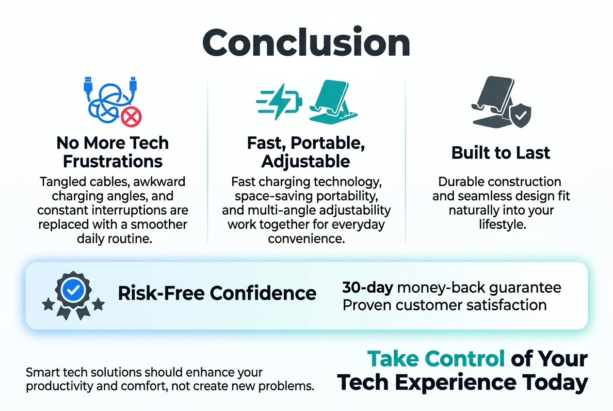 Aspect ratio 3:2, full-bleed modern infographic, clean professional tech style, no frame, no inset margins. White background with electric blue, teal, and dark charcoal accents, subtle gradient highlights, crisp sans-serif typography.
Top center: large bold heading in dark charcoal text: "Conclusion"
Below heading, wide 3-column layout with distinct rounded rectangular sections and simple flat icons:
Left section: blue tangled cable icon with a red crossed-out symbol. Heading text: "No More Tech Frustrations" Body text: "Tangled cables, awkward charging angles, and constant interruptions are replaced with a smoother daily routine."
Middle section: teal fast charging bolt icon above a compact folding stand icon. Heading text: "Fast, Portable, Adjustable" Body text: "Fast charging technology, space-saving portability, and multi-angle adjustability work together for everyday convenience."
Right section: dark gray durable stand icon with a shield symbol. Heading text: "Built to Last" Body text: "Durable construction and seamless design fit naturally into your lifestyle."
Across the lower middle, a wide highlighted banner with a checkmark badge and star icons. Heading text: "Risk-Free Confidence" Body text: "30-day money-back guarantee" followed by "Proven customer satisfaction"
Bottom right, bold call-to-action text in teal and dark charcoal: "Take Control of Your Tech Experience Today"
Bottom left, smaller supportive text: "Smart tech solutions should enhance your productivity and comfort, not create new problems."
Use clear visual hierarchy, balanced spacing, aligned columns, clean iconography, and a polished product-infographic aesthetic.