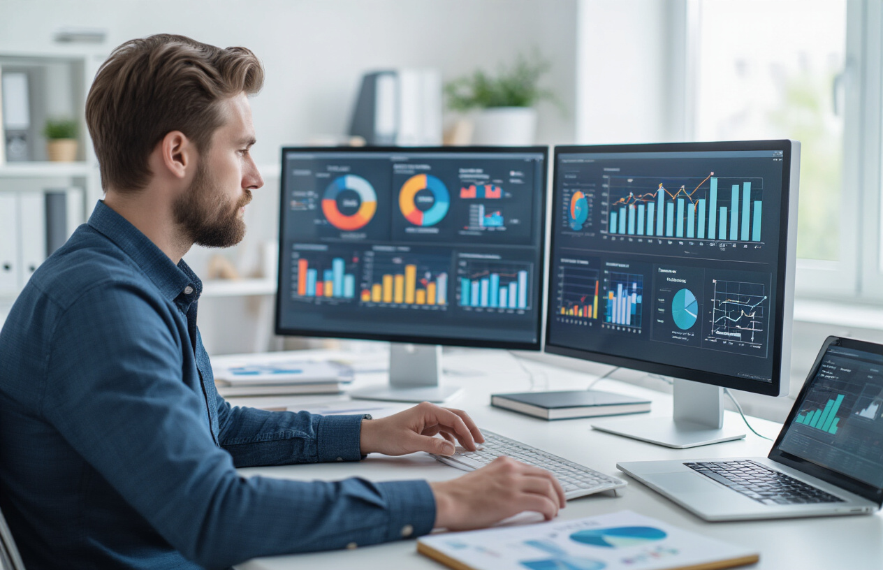 Create a realistic image of a modern office setting with a white male marketing professional sitting at a desk analyzing colorful data charts and graphs on multiple computer monitors, with school admission-related infographics visible on the screens showing enrollment statistics and demographic data, surrounded by notebooks and a tablet displaying analytics dashboards, in a well-lit contemporary workspace with clean white walls and natural lighting from a window, conveying a focused and professional atmosphere of data-driven marketing strategy development, absolutely NO text should be in the scene.