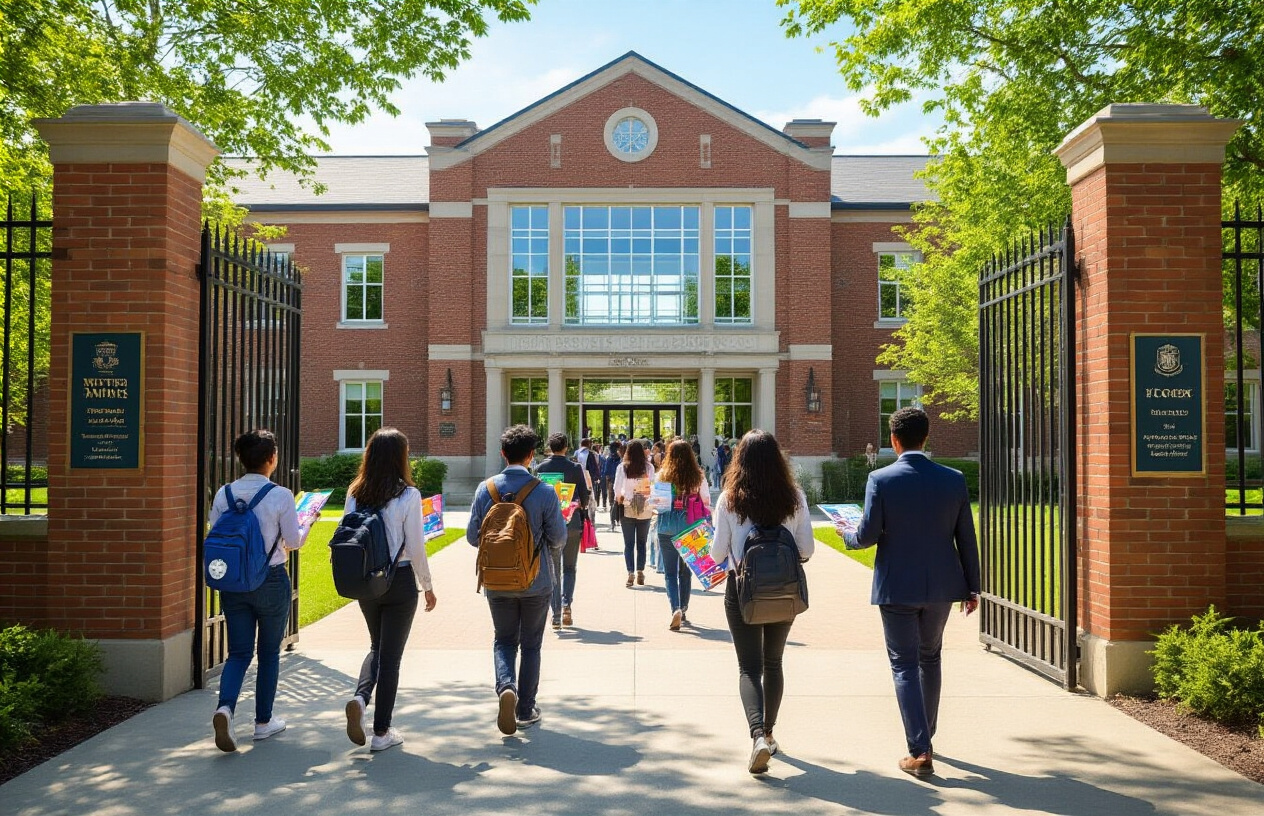 Create a realistic image of a diverse group of high school students walking through the entrance gates of a prestigious school building, with some students carrying colorful brochures and pamphlets, while others are engaged in conversations with school representatives wearing professional attire, the scene shows a modern brick school facade with large windows and welcoming signage, bright natural daylight creates an optimistic and aspirational atmosphere, with manicured landscaping and a clear blue sky in the background, capturing the successful culmination of effective marketing strategies that have attracted prospective students and families to the institution, absolutely NO text should be in the scene.