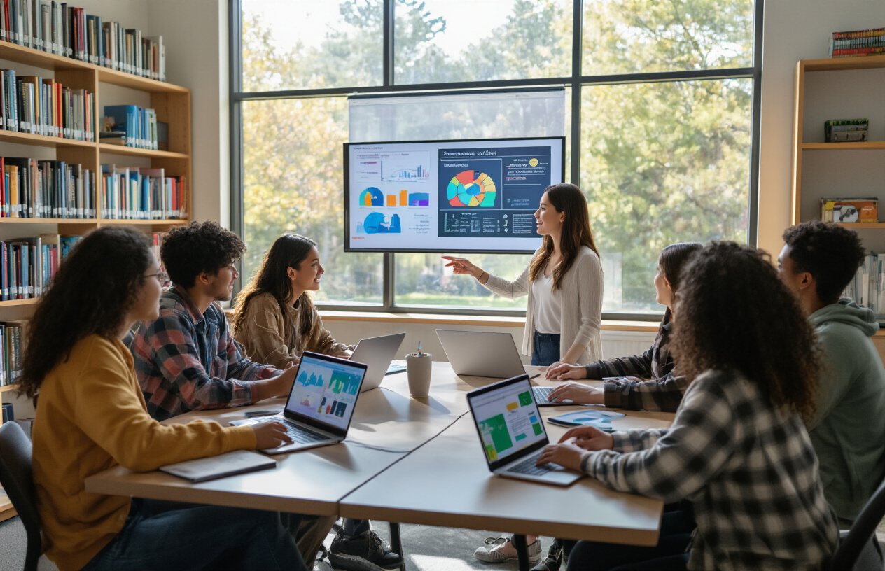 Create a realistic image of a diverse group of high school students of mixed races and genders sitting around a modern classroom table, actively engaged with laptops and tablets displaying educational content, while a white female teacher points to a digital presentation screen showing colorful infographics and charts, with natural lighting streaming through large windows, bookshelves filled with academic materials in the background, creating an inspiring and contemporary educational atmosphere that conveys quality learning and student engagement, absolutely NO text should be in the scene.