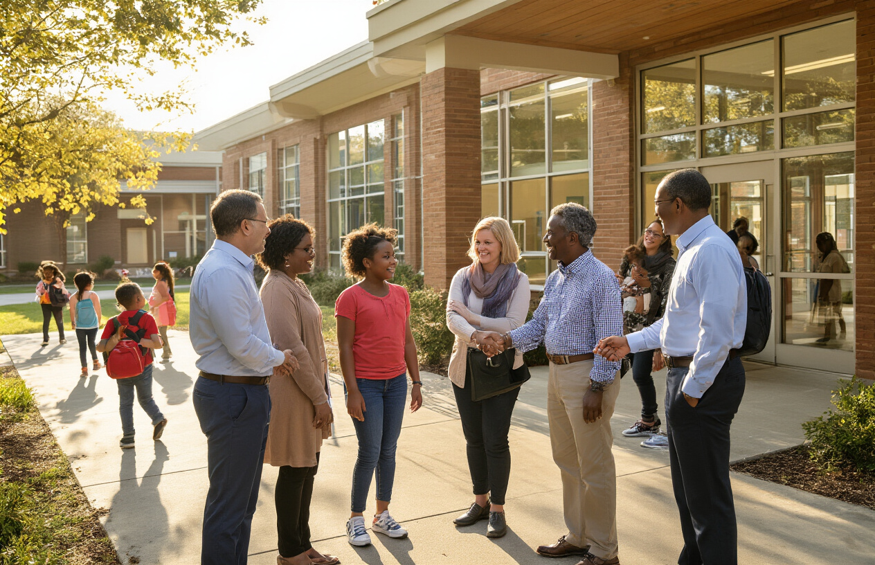 Create a realistic image of a diverse group of white and black parents and community members gathering in a school courtyard or entrance area, engaging in friendly conversation with school administrators, children playing in the background, warm natural lighting suggesting late afternoon, welcoming school building with large windows visible, people shaking hands and exchanging smiles to convey relationship-building and community connection, absolutely NO text should be in the scene.