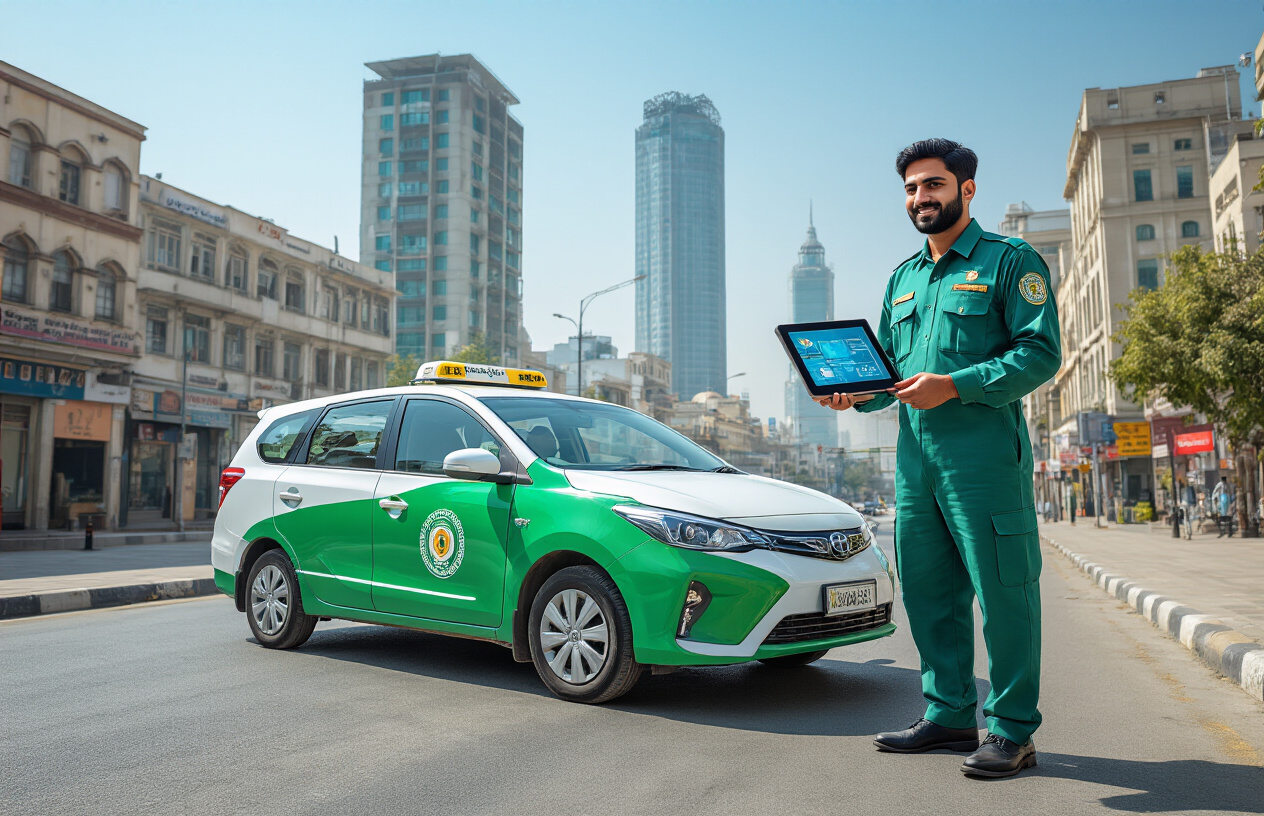 Create a realistic image of a modern electric taxi in bright green and white colors with official government branding parked on a clean urban street in Pakistan, with a South Asian male driver in uniform standing beside the vehicle holding a tablet showing digital features, modern city buildings and clear blue sky in the background, bright daylight creating a professional and innovative atmosphere, absolutely NO text should be in the scene.