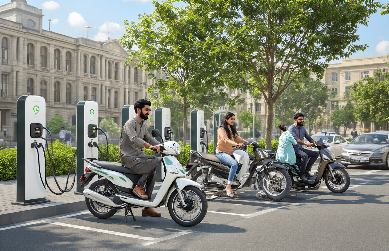 Create a realistic image of a modern Pakistani street scene featuring electric bikes parked at a charging station with South Asian male and female riders exploring eco-friendly transportation options, set against an urban backdrop with government buildings and green trees, bright daylight with clear blue sky creating an optimistic and progressive atmosphere, absolutely NO text should be in the scene.