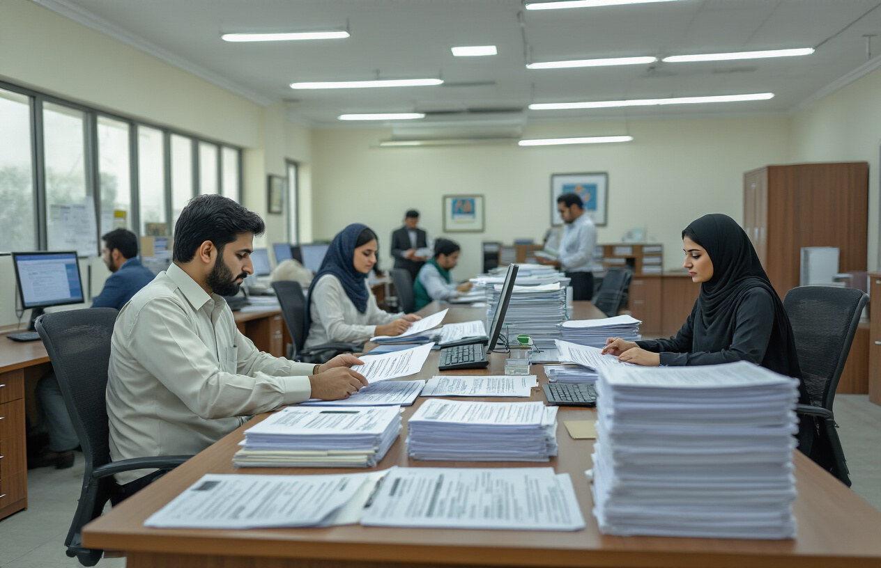 Create a realistic image of a clean, modern government office interior with Pakistani male and female officials sitting at desks reviewing application documents, with stacks of forms and eligibility checklists visible on the tables, computers displaying application interfaces, official filing cabinets in the background, fluorescent lighting creating a professional administrative atmosphere, and people of various ages waiting in organized seating area holding documents, all captured in bright, clear lighting that emphasizes the formal bureaucratic process, absolutely NO text should be in the scene.