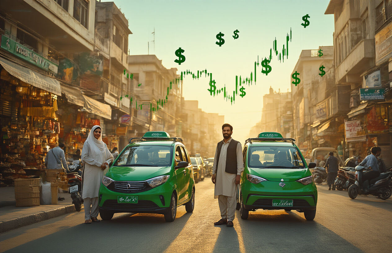 Create a realistic image of Pakistani male and female drivers standing beside green eco-friendly electric taxis and e-bikes in an urban Pakistani street setting, with modern buildings and busy marketplace in the background, showing upward trending financial charts and currency symbols floating subtly in the air above the vehicles, warm golden hour lighting creating an optimistic atmosphere of prosperity and economic growth, people appearing confident and successful, bustling economic activity visible with other commuters and businesses, absolutely NO text should be in the scene.