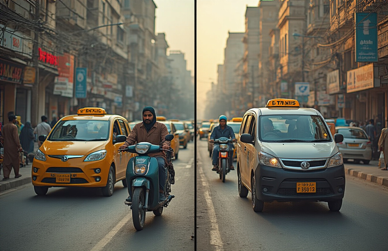 Create a realistic image of a split-screen composition showing Pakistani urban street scenes with electric taxis and e-bikes, featuring South Asian male and female drivers and passengers, with one side depicting challenges like traffic congestion and infrastructure issues, while the other side shows successful implementation with organized taxi stands and smooth traffic flow, set against a backdrop of Pakistani cityscape with modern buildings, warm natural lighting suggesting progress and development, absolutely NO text should be in the scene.