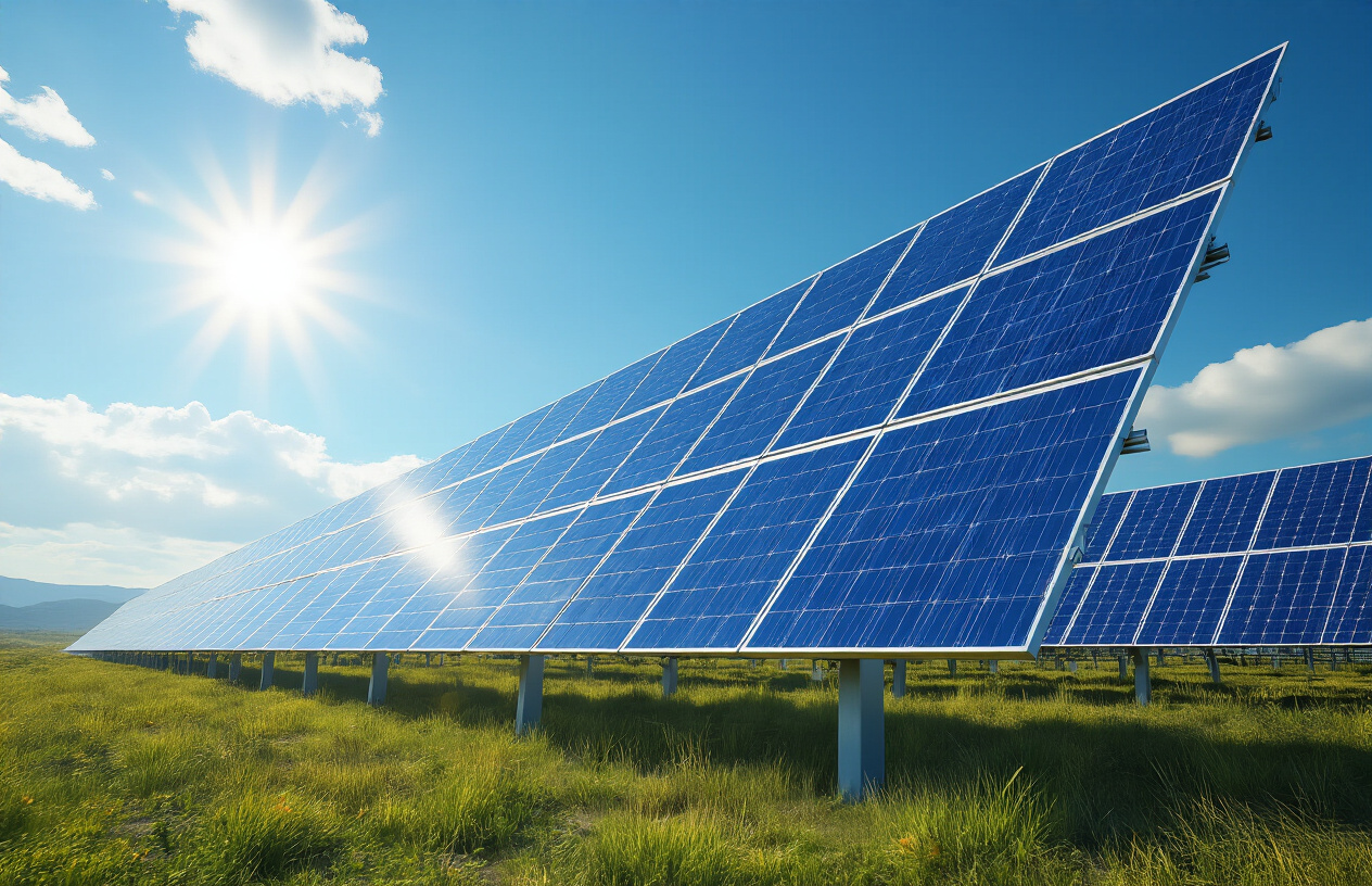 realistic image of a large solar panel installation with multiple rows of blue photovoltaic panels angled toward bright sunlight, set against a clear blue sky with some white clouds, showing the panels converting sunlight into electricity with a clean modern industrial setting, surrounded by green grass or desert landscape, with warm golden sunlight creating realistic shadows and reflections on the panel surfaces, conveying a sense of clean renewable energy technology in action