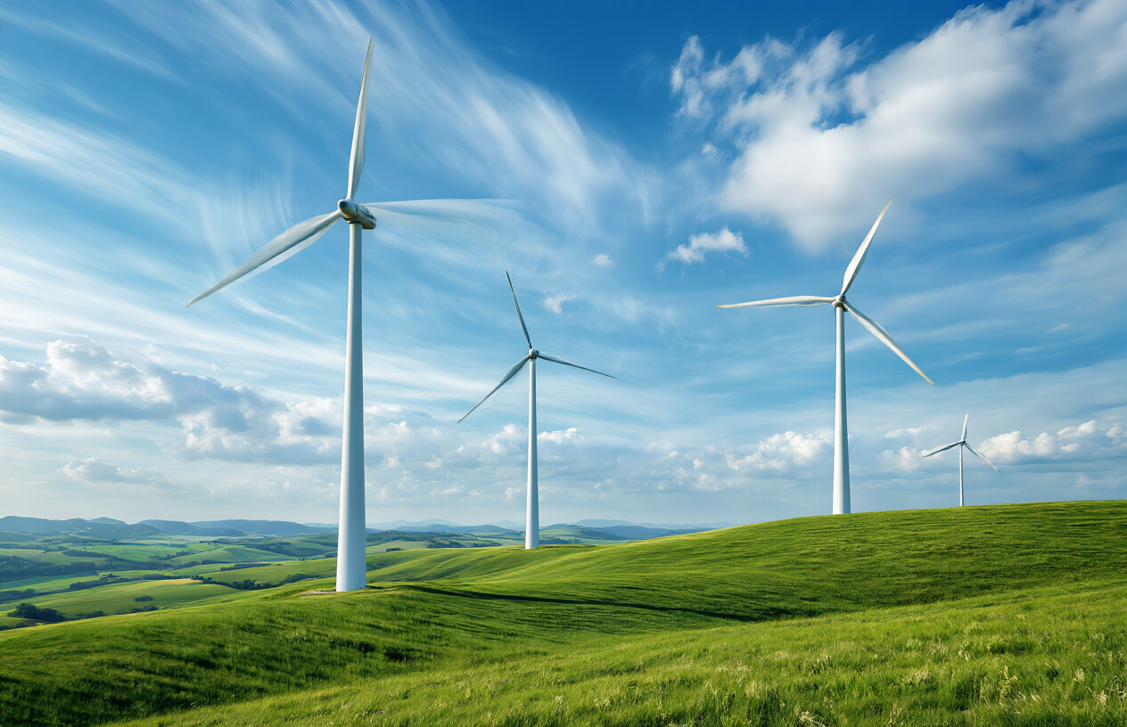 realistic image of modern white wind turbines with three blades rotating on tall towers positioned across rolling green hills, with visible wind currents represented by subtle motion blur on the turbine blades, blue sky with scattered white clouds in the background, natural daylight illuminating the scene, showcasing the scale and clean energy generation of wind power technology, absolutely NO text should be in the scene.