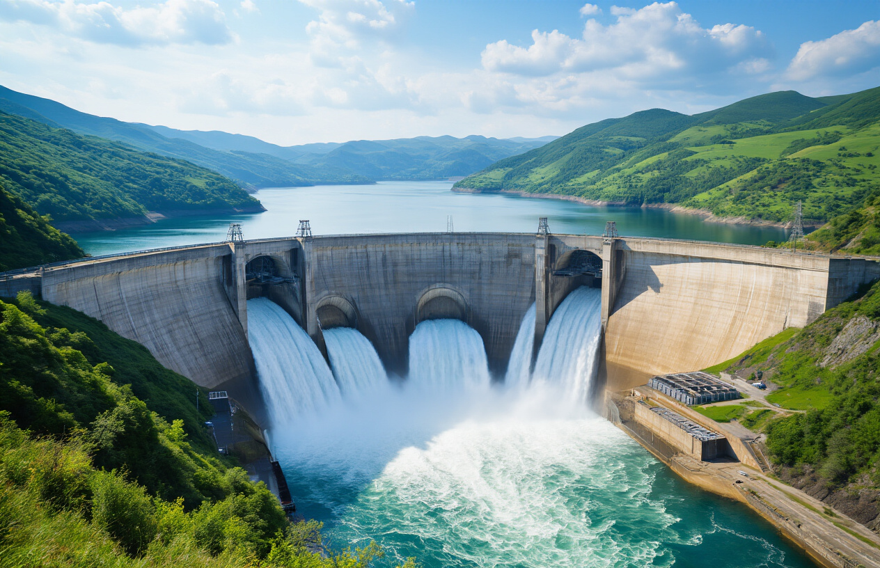 realistic image of a large concrete hydroelectric dam with powerful water flowing through its spillways, generating white foamy rapids below, surrounded by lush green hills and a clear blue sky, with massive turbine structures visible at the base of the dam, power transmission lines extending into the distance, and a serene reservoir lake behind the dam reflecting the sky, captured in bright daylight with dramatic lighting highlighting the force and movement of the cascading water. Absolutely NO text should be in the scene.