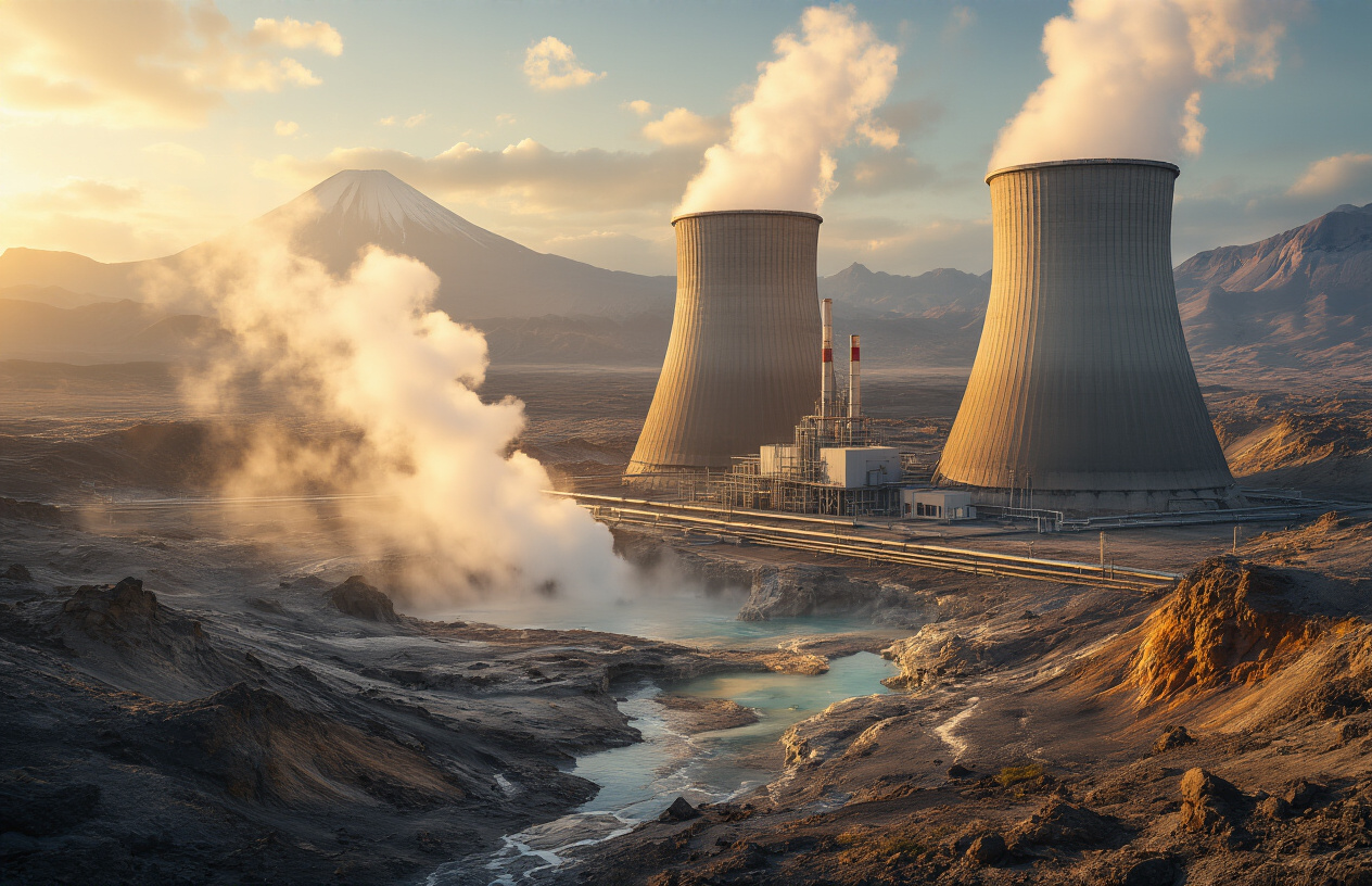 realistic image of a geothermal power plant with large industrial cooling towers releasing white steam against a dramatic volcanic landscape, featuring exposed rocky terrain with visible steam vents and hot springs naturally emerging from the ground, industrial pipelines connecting underground geothermal wells to the power generation facility, warm golden sunlight illuminating the scene to emphasize the earth's natural heat energy, with mountains in the background and a clear sky, absolutely NO text should be in the scene.