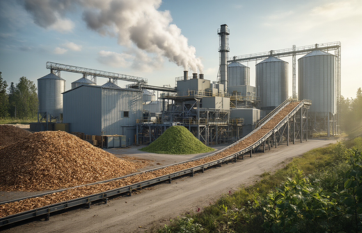 realistic image of a modern biomass energy facility showing wood chips, agricultural waste, and organic plant materials being converted into biofuel, featuring large industrial processing equipment, conveyor belts carrying biomass feedstock, storage silos in the background, steam rising from processing units, natural daylight illuminating the facility, and a clean industrial environment demonstrating sustainable energy production. Absolutely NO text should be in the scene.