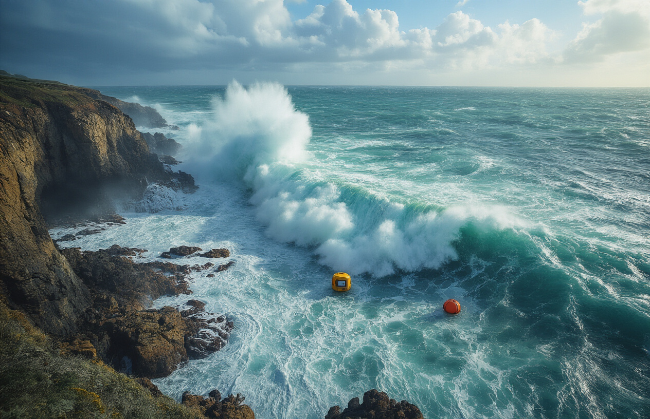 realistic image of a dramatic ocean coastline with powerful waves crashing against rocky cliffs, featuring visible tidal movements and wave energy converters or buoy-like devices bobbing in the turbulent blue-green waters, with a partly cloudy sky creating dynamic lighting that highlights the raw power and predictable patterns of the ocean's natural energy, shot from an elevated coastal perspective that captures both the massive scale of the waves and the engineered systems designed to harness their force, absolutely NO text should be in the scene.