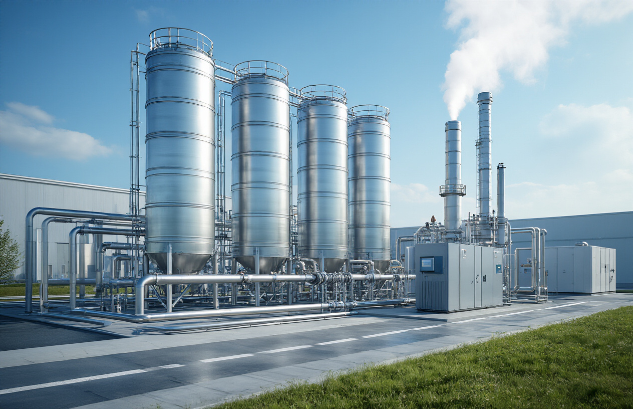 realistic image of a modern hydrogen energy facility with large cylindrical hydrogen storage tanks in metallic silver, connected by industrial pipelines, with a hydrogen fuel cell power generation unit emitting clean water vapor, set against a clean industrial background with blue sky, bright daylight illuminating the scene to emphasize the clean technology aspect, absolutely NO text should be in the scene.