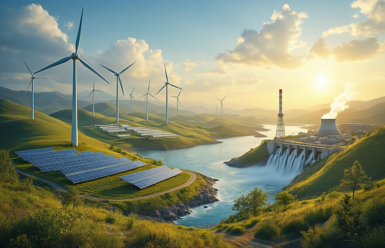 realistic image of a panoramic landscape showcasing all seven main renewable energy sources in harmony: large wind turbines with spinning blades on rolling hills, solar panel arrays reflecting sunlight, a hydroelectric dam with flowing water, geothermal steam rising from the earth, ocean waves with tidal energy devices, a biomass facility with natural vegetation, and a small nuclear cooling tower in the background, all set against a bright blue sky with white clouds, conveying a sense of sustainable future and environmental harmony, with golden hour lighting creating warm tones across the diverse energy infrastructure, absolutely NO text should be in the scene.