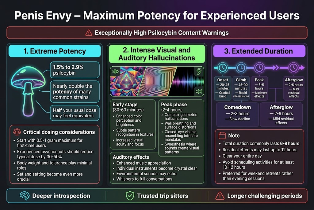 Full-bleed professional infographic, aspect ratio 3:2, dark charcoal background with vivid neon accents in electric purple, cyan, and lime green, clean modern sans-serif fonts, strong hierarchy, no inset frame, wide horizontal layout with multiple sections. Top center large bold heading in white and purple gradient: "Penis Envy - Maximum Potency for Experienced Users" Directly beneath the title, a red warning banner with a triangle icon and the text: "Exceptionally High Psilocybin Content Warnings" Main layout split into three wide columns across the center. LEFT COLUMN: Section header in cyan: "1. Extreme Potency" Use a mushroom icon with thick stem and glowing cap. Include three stacked statistic callouts in rounded boxes: "1.5% to 2.9% psilocybin" "Nearly double the potency of many common strains" "Half your usual dose may feel equivalent" Below, a dosage caution box with a small scale icon and bold text: "Critical dosing considerations" Bullets: "Start with 0.5-1 gram maximum for first-time users" "Experienced psychonauts should reduce typical dose by 30-50%" "Body weight and tolerance play minimal roles" "Set and setting become even more crucial" CENTER COLUMN: Section header in lime green: "2. Intense Visual and Auditory Hallucinations" Use a split visual panel showing colorful geometric hallucinations, breathing walls, and sound-wave patterns, with small eye and ear icons. Add two phase cards: "Early stage (30-60 minutes)" "Enhanced color perception and brightness" "Subtle pattern recognition in textures" "Increased visual acuity and focus" "Peak phase (2-4 hours)" "Complex geometric hallucinations" "Wall breathing and surface distortions" "Closed-eye visuals resembling intricate mandalas" "Synesthesia where sounds create visual patterns" Add a smaller auditory effects box: "Auditory effects" "Enhanced music appreciation" "Individual instruments become crystal clear" "Environmental sounds may echo" "Whispers to full conversations" RIGHT COLUMN: Section header in violet: "3. Extended Duration" Use a horizontal timeline graphic with clock icons and glowing arrows. Show five timeline blocks with exact text: "Onset — 20-45 minutes — Gradual build" "Climb — 45-90 minutes — Rapid intensification" "Peak — 3-5 hours — Maximum effects" "Comedown — 2-3 hours — Slow decline" "Afterglow — 2-6 hours — Mild residual effects" Below timeline, a highlighted note box with a calendar icon: "Total duration commonly lasts 6-8 hours" "Residual effects may last up to 12 hours" "Clear your entire day" "Avoid scheduling activities for at least 10-12 hours" "Preferred for weekend retreats rather than evening sessions" Bottom full-width strip across the page with three icon-based benefit/risk callouts: Brain icon: "Deeper introspection" Shield icon: "Trusted trip sitters" Warning icon: "Longer challenging periods" Use crisp white body text, colorful section headers, subtle glow effects, clear spacing, balanced composition, and a polished scientific infographic style.