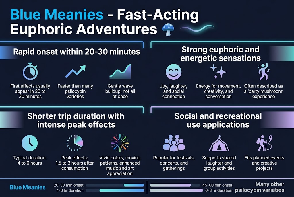 Create a clean, professional infographic in a 3:2 aspect ratio with a full-bleed layout, no poster frame, using a wide horizontal composition and clear section blocks. Use a dark navy background with electric blue, teal, white, and soft purple accents. Use modern sans-serif fonts with a bold title at the top left. Top header: Large bold title in white and electric blue: "Blue Meanies - Fast-Acting Euphoric Adventures" Add a small blue mushroom illustration and subtle glowing wave accents beside the title. Main layout: four wide horizontal content sections across the canvas, with icons and short text blocks, arranged in a balanced two-row grid. Section 1 on upper left: Heading: "Rapid onset within 20-30 minutes" Use a stopwatch icon and a rising wave line icon. Short supporting text in smaller font: "First effects usually appear in 20 to 30 minutes" "Faster than many psilocybin varieties" "Gentle wave buildup, not all at once" Section 2 on upper right: Heading: "Strong euphoric and energetic sensations" Use a smiling face icon, sparkles, and a dancing figure icon. Short supporting text: "Joy, laughter, and social connection" "Energy for movement, creativity, and conversation" "Often described as a 'party mushroom' experience" Section 3 on lower left: Heading: "Shorter trip duration with intense peak effects" Use a clock icon and a colorful visual burst icon. Short supporting text: "Typical duration: 4 to 6 hours" "Peak effects: 1.5 to 3 hours after consumption" "Vivid colors, moving patterns, enhanced music and art appreciation" Section 4 on lower right: Heading: "Social and recreational use applications" Use icons of a group of friends, a festival tent, and a hiking trail. Short supporting text: "Popular for festivals, concerts, and gatherings" "Supports shared laughter and group activities" "Fits planned events and creative projects" Add a bottom strip across the full width with a simple comparison bar graphic: Left label: "Blue Meanies" Right label: "Many other psilocybin varieties" Include small timing markers: "20-30 min onset" on the Blue Meanies side "45-60 min onset" on the comparison side "4-6 hr duration" on the Blue Meanies side "6-8 hr duration" on the comparison side Use clean iconography, strong visual hierarchy, and ample spacing. Keep the text crisp, legible, and minimal. Make the sections visually distinct with thin glowing dividers and soft gradient panels.