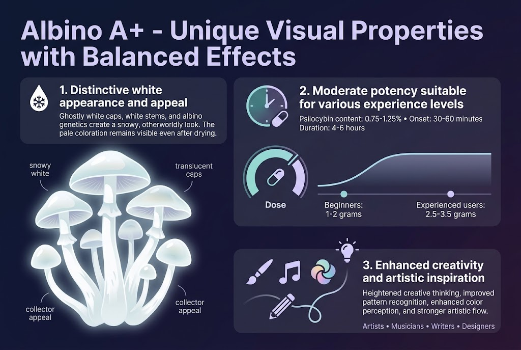 Create a clean, professional infographic illustration in a 3:2 aspect ratio, full-bleed layout with no frame, no inset border, and no narrow centered stack. Use a modern editorial style with a dark navy-to-deep purple background, white and pale lavender text, and soft teal accent highlights. Include a bold top heading across the upper third in large sans-serif font: "Albino A+ - Unique Visual Properties with Balanced Effects" Arrange the content in three wide horizontal sections or a 3-column layout across the page, with clear visual hierarchy and icons. Left section: a large illustrated cluster of ghostly white Albino A+ mushrooms with pale translucent caps and white stems, glowing softly. Add a white droplet or snowflake-style icon beside the text block. Include the subheading in bold: "1. Distinctive white appearance and appeal" and a short paragraph beneath it in smaller text: "Ghostly white caps, white stems, and albino genetics create a snowy, otherworldly look. The pale coloration remains visible even after drying." Add small visual notes around the mushrooms: "snowy white", "translucent caps", "collector appeal". Center section: a balanced potency panel with a circular gauge or bar graphic in teal and lavender. Add a small clock icon and a capsule/dose icon. Include the subheading: "2. Moderate potency suitable for various experience levels" and the body text: "Psilocybin content: 0.75-1.25% • Onset: 30-60 minutes • Duration: 4-6 hours". Below that, show a simple dose range row with two markers: "Beginners: 1-2 grams" and "Experienced users: 2.5-3.5 grams". Add a calm, smooth curve line to suggest gradual onset. Right section: a creative inspiration panel with icons of a paintbrush, music note, pencil, and abstract color swirls. Include the subheading: "3. Enhanced creativity and artistic inspiration" and body text: "Heightened creative thinking, improved pattern recognition, enhanced color perception, and stronger artistic flow." Add a smaller line beneath: "Artists • Musicians • Writers • Designers". Show a subtle brain-to-idea sparkle motif or flowing line connecting to creative tools. Use strong section dividers, rounded rectangles, and balanced spacing. Make the layout wide and airy with clear alignment, no clutter. Emphasize the white mushroom imagery, moderate potency gauge, and creativity tools. Use crisp legible typography, bold headings, smaller supporting text, and minimalist iconography.