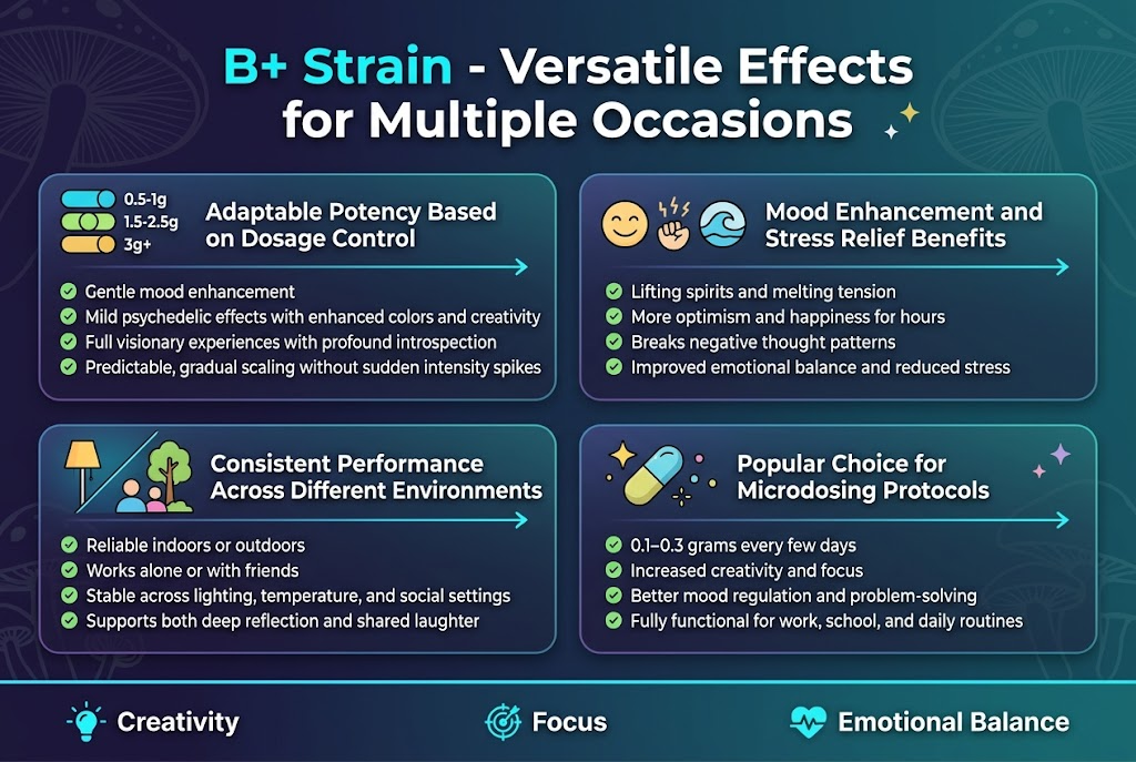 Create a clean, professional infographic in a 3:2 full-bleed landscape layout with a dark indigo-to-teal gradient background, subtle organic mushroom-cap patterns, and bright accent colors in cyan, lime, gold, and soft magenta. Use a bold modern sans-serif font with strong hierarchy and high contrast. Top area: large bold title centered across the width in white and cyan accents: "B+ Strain - Versatile Effects for Multiple Occasions" Below the title, arrange four wide horizontal content blocks across the canvas in a balanced 2x2 grid, each with a colored icon on the left, a bold subheading, and 2–3 short lines of body text. Use rounded rectangles with slight glow, clean spacing, and clear visual separation. Block 1, upper left: a dosage slider icon with three stacked circles labeled "0.5-1g", "1.5-2.5g", "3g+". Subheading: "Adaptable Potency Based on Dosage Control". Body text: "Gentle mood enhancement" / "Mild psychedelic effects with enhanced colors and creativity" / "Full visionary experiences with profound introspection" / "Predictable, gradual scaling without sudden intensity spikes" Block 2, upper right: a smiling face and stress-relief icon with a calm wave symbol. Subheading: "Mood Enhancement and Stress Relief Benefits". Body text: "Lifting spirits and melting tension" / "More optimism and happiness for hours" / "Breaks negative thought patterns" / "Improved emotional balance and reduced stress" Block 3, lower left: a split scene icon showing an indoor lamp, outdoor tree, solo person, and two friends. Subheading: "Consistent Performance Across Different Environments". Body text: "Reliable indoors or outdoors" / "Works alone or with friends" / "Stable across lighting, temperature, and social settings" / "Supports both deep reflection and shared laughter" Block 4, lower right: a microdose capsule and spark icon with small dots. Subheading: "Popular Choice for Microdosing Protocols". Body text: "0.1-0.3 grams every few days" / "Increased creativity and focus" / "Better mood regulation and problem-solving" / "Fully functional for work, school, and daily routines" Add a slim bottom band with three small icon callouts spaced evenly: "Creativity", "Focus", "Emotional Balance" in white text with cyan icons. Use clean infographic arrows, checkmarks, and small sparkle symbols. Keep the layout wide, airy, and easy to scan, with no centered vertical stack.