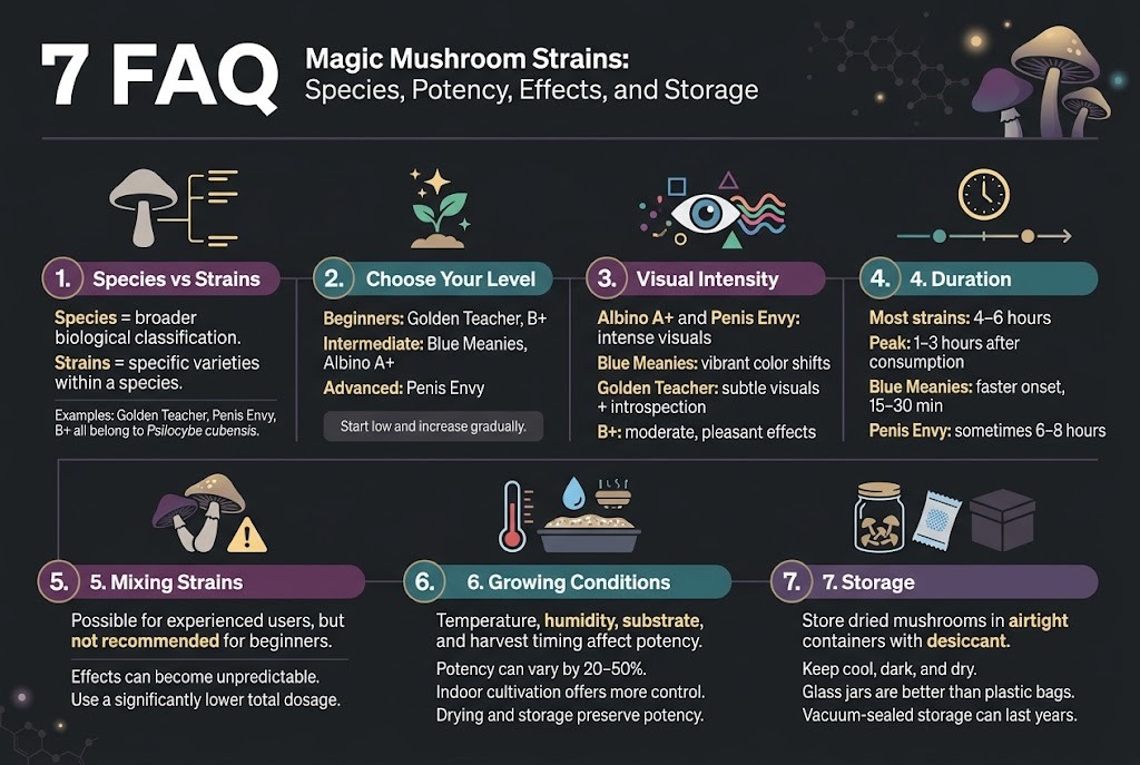 Create a full-bleed 3:2 landscape infographic on a dark charcoal background with deep purple, teal, and soft gold accents, clean modern sans-serif typography, bold white title at the top left: "7 FAQ". Use a wide, professional multi-column layout with seven clearly separated numbered info blocks, each with a distinct icon, colored header bar, and short readable text. Include subtle mushroom illustrations, molecular patterns, and soft glow accents; keep the design balanced and not vertically stacked. Top header area: - Large bold title text: "7 FAQ" - Smaller subtitle text beneath: "Magic Mushroom Strains: Species, Potency, Effects, and Storage" Main content area arranged in 2 rows: Row 1 with 4 blocks from left to right: 1. Block with a taxonomy icon (mushroom silhouette + branching label lines) Heading text: "1. Species vs Strains" Body text: "Species = broader biological classification. Strains = specific varieties within a species." Small examples line: "Examples: Golden Teacher, Penis Envy, B+ all belong to Psilocybe cubensis." 2. Block with a beginner level icon (sparkle + small seedling) Heading text: "2. Choose Your Level" Body text: "Beginners: Golden Teacher, B+" Small text: "Intermediate: Blue Meanies, Albino A+" Small text: "Advanced: Penis Envy" Footer note: "Start low and increase gradually." 3. Block with a visual effects icon (eye + geometric shapes + colorful waves) Heading text: "3. Visual Intensity" Body text: "Albino A+ and Penis Envy: intense visuals" Small text: "Blue Meanies: vibrant color shifts" Small text: "Golden Teacher: subtle visuals + introspection" Small text: "B+: moderate, pleasant effects" 4. Block with a clock icon and timeline line Heading text: "4. Duration" Body text: "Most strains: 4–6 hours" Small text: "Peak: 1–3 hours after consumption" Small text: "Blue Meanies: faster onset, 15–30 min" Small text: "Penis Envy: sometimes 6–8 hours" Row 2 with 3 blocks from left to right: 5. Block with a mixing icon (two overlapping mushrooms with warning symbol) Heading text: "5. Mixing Strains" Body text: "Possible for experienced users, but not recommended for beginners." Small text: "Effects can become unpredictable." Small text: "Use a significantly lower total dosage." 6. Block with a cultivation icon (thermometer, humidity droplet, substrate tray) Heading text: "6. Growing Conditions" Body text: "Temperature, humidity, substrate, and harvest timing affect potency." Small text: "Potency can vary by 20–50%." Small text: "Indoor cultivation offers more control." Small text: "Drying and storage preserve potency." 7. Block with a storage icon (airtight jar, desiccant packet, dark box) Heading text: "7. Storage" Body text: "Store dried mushrooms in airtight containers with desiccant." Small text: "Keep cool, dark, and dry." Small text: "Glass jars are better than plastic bags." Small text: "Vacuum-sealed storage can last years." Visual style: - Use numbered circular badges for each section, white numbers on colored circles - Use thin connector lines or subtle dividers between blocks - Highlight key terms in gold or teal - Include small icon labels and clean spacing - Use crisp vector infographic style, high contrast, neat alignment, and readable text - No borders outside the full bleed canvas, no inset frame, no vertical poster layout