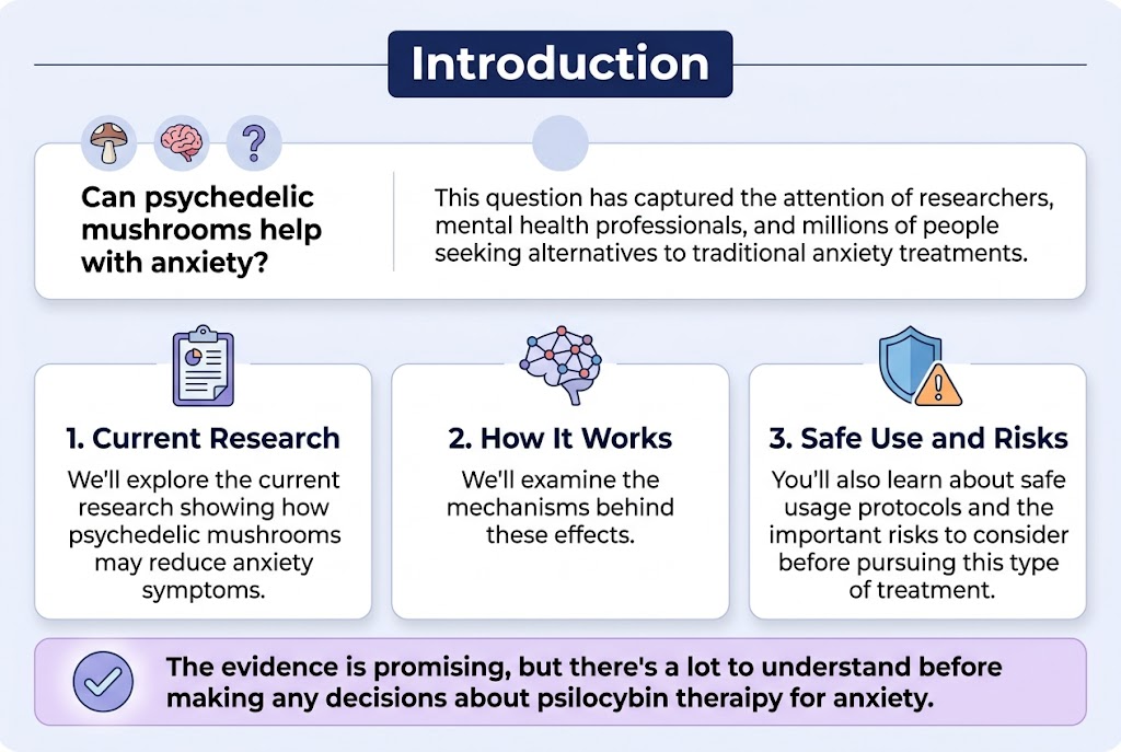 Create A Clean, Professional Infographic Illustration In A 3:2 Aspect Ratio With A Full-Bleed Layout And A Light Off-White Background With Subtle Blue And Purple Accents. Use Modern Sans-Serif Fonts, Bold Navy Headings, And Clear Visual Hierarchy. Top Center: Large Bold Title Text In A Navy Banner, &Quot;Introduction&Quot; Below The Title, Place A Wide Horizontal Introductory Section With A Small Mushroom Icon, A Brain Icon, And A Question Mark Icon. Include The Main Intro Text In Readable Short Blocks: &Quot;Can Psychedelic Mushrooms Help With Anxiety?&Quot; &Quot;This Question Has Captured The Attention Of Researchers, Mental Health Professionals, And Millions Of People Seeking Alternatives To Traditional Anxiety Treatments.&Quot; Midsection: Split The Layout Into Three Wide Horizontal Or Side-By-Side Content Blocks With Numbered Labels And Distinct Colored Icons. Block 1 On The Left: A Clipboard Or Research Icon, Heading Text &Quot;1. Current Research&Quot; Body Text: &Quot;We'Ll Explore The Current Research Showing How Psychedelic Mushrooms May Reduce Anxiety Symptoms.&Quot; Block 2 In The Center: A Network Or Brain-Pathway Icon, Heading Text &Quot;2. How It Works&Quot; Body Text: &Quot;We'Ll Examine The Mechanisms Behind These Effects.&Quot; Block 3 On The Right: A Shield And Warning Triangle Icon, Heading Text &Quot;3. Safe Use And Risks&Quot; Body Text: &Quot;You'Ll Also Learn About Safe Usage Protocols And The Important Risks To Consider Before Pursuing This Type Of Treatment.&Quot; Bottom Section: A Highlighted Conclusion Bar Across The Width With A Soft Purple Gradient And A Calm Checkmark Icon. Include The Concluding Text: &Quot;The Evidence Is Promising, But There'S A Lot To Understand Before Making Any Decisions About Psilocybin Therapy For Anxiety.&Quot; Use Balanced Spacing, Clean Section Dividers, Subtle Shadows, And A Polished Medical-Information Style Infographic Aesthetic.