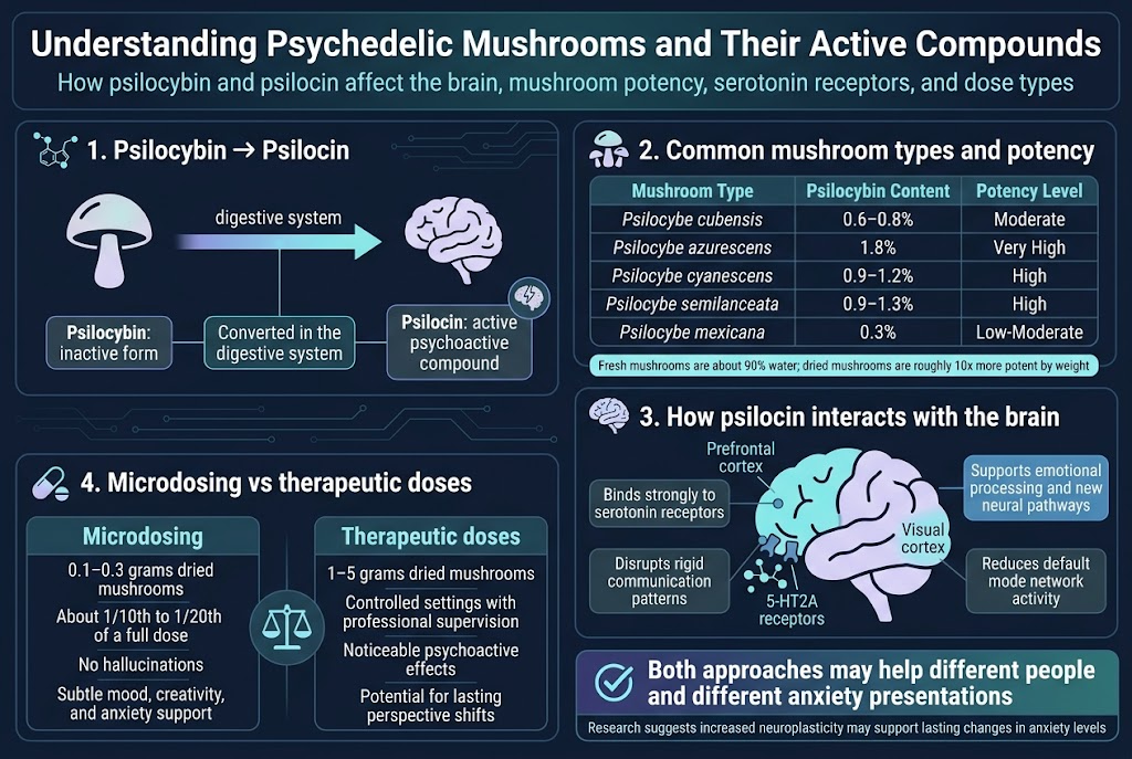 Create A Clean, Professional Medical-Style Infographic In A 3:2 Aspect Ratio, Full-Bleed Layout With No Frame, Using A Modern Sans-Serif Font, Deep Navy Background, Teal, Cyan, Purple, And Soft White Accents, With Clear Visual Hierarchy And Wide Horizontal Sections. Top Header Across The Full Width: Large Bold Title In White: &Quot;Understanding Psychedelic Mushrooms And Their Active Compounds&Quot; Smaller Subtitle Beneath In Light Teal: &Quot;How Psilocybin And Psilocin Affect The Brain, Mushroom Potency, Serotonin Receptors, And Dose Types&Quot; Section 1 Across The Upper Left: Title With A Molecule Icon: &Quot;1. Psilocybin → Psilocin&Quot; Show A Simple Diagram Of A Mushroom Cap On The Left, An Arrow Labeled &Quot;Digestive System&Quot; Pointing To A Brain Icon On The Right. Add Three Short Labels In Connected Boxes: &Quot;Psilocybin: Inactive Form&Quot; &Quot;Converted In The Digestive System&Quot; &Quot;Psilocin: Active Psychoactive Compound&Quot; Include A Small Brain-With-Lightning Icon Near Psilocin. Section 2 Across The Upper Right: Title With A Mushroom Cluster Icon: &Quot;2. Common Mushroom Types And Potency&Quot; Display A Neat Table With Five Rows And Three Columns Labeled: &Quot;Mushroom Type&Quot; | &Quot;Psilocybin Content&Quot; | &Quot;Potency Level&Quot; Rows: &Quot;Psilocybe Cubensis | 0.6–0.8% | Moderate&Quot; &Quot;Psilocybe Azurescens | 1.8% | Very High&Quot; &Quot;Psilocybe Cyanescens | 0.9–1.2% | High&Quot; &Quot;Psilocybe Semilanceata | 0.9–1.3% | High&Quot; &Quot;Psilocybe Mexicana | 0.3% | Low-Moderate&Quot; Add A Small Note Below The Table In A Highlighted Strip: &Quot;Fresh Mushrooms Are About 90% Water; Dried Mushrooms Are Roughly 10X More Potent By Weight&Quot; Middle Wide Section Spanning The Full Width: Title With Receptor And Brain Icons: &Quot;3. How Psilocin Interacts With The Brain&Quot; Show A Stylized Brain Split Into Two Zones Labeled: &Quot;Prefrontal Cortex&Quot; And &Quot;Visual Cortex&Quot; Draw Psilocin Molecules Binding To A Receptor Cluster Labeled &Quot;5-Ht2A Receptors&Quot; Add Three Short Callout Boxes Around The Brain: &Quot;Binds Strongly To Serotonin Receptors&Quot; &Quot;Disrupts Rigid Communication Patterns&Quot; &Quot;Reduces Default Mode Network Activity&Quot; Add A Small Side Label In A Calm Blue Box: &Quot;Supports Emotional Processing And New Neural Pathways&Quot; Bottom Left Section: Title With Two Dose Icons, One Subtle And One Larger: &Quot;4. Microdosing Vs Therapeutic Doses&Quot; Use Two Side-By-Side Cards. Left Card Heading: &Quot;Microdosing&Quot; Text: &Quot;0.1–0.3 Grams Dried Mushrooms&Quot; &Quot;About 1/10Th To 1/20Th Of A Full Dose&Quot; &Quot;No Hallucinations&Quot; &Quot;Subtle Mood, Creativity, And Anxiety Support&Quot; Right Card Heading: &Quot;Therapeutic Doses&Quot; Text: &Quot;1–5 Grams Dried Mushrooms&Quot; &Quot;Controlled Settings With Professional Supervision&Quot; &Quot;Noticeable Psychoactive Effects&Quot; &Quot;Potential For Lasting Perspective Shifts&Quot; Place A Small Scale Icon Between The Two Cards. Bottom Right Concluding Strip: A Bold Summary Band With A Checkmark Icon And The Text: &Quot;Both Approaches May Help Different People And Different Anxiety Presentations&Quot; Add A Smaller Line Beneath: &Quot;Research Suggests Increased Neuroplasticity May Support Lasting Changes In Anxiety Levels&Quot; Use Soft Glow Accents, Subtle Circuit-Style Lines, And Clean Spacing. Include Simple Icons Only: Mushroom, Brain, Receptor Nodes, Arrows, Molecule Dots, Scale, Checkmark. Keep All Text Crisp, Legible, And Correctly Spelled.