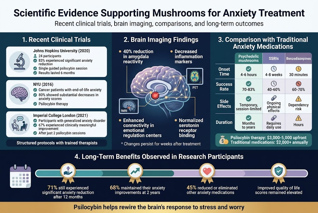 Create A Clean, Professional Full-Bleed Infographic Illustration In A 3:2 Landscape Aspect Ratio About Psilocybin Mushrooms And Anxiety Treatment, Using A Modern Medical Editorial Style With Deep Navy, Teal, White, Soft Purple, And Warm Gold Accents. Use Bold Sans-Serif Typography For Headings And Smaller Readable Sans-Serif Body Text. Keep A Wide Horizontal Layout With Multiple Sections Across The Canvas, Not A Vertical Poster. Top Header: Large Bold Title Centered Across The Top: &Quot;Scientific Evidence Supporting Mushrooms For Anxiety Treatment&Quot; Add A Smaller Subtitle Directly Underneath: &Quot;Recent Clinical Trials, Brain Imaging, Comparisons, And Long-Term Outcomes&Quot; Left Top Section: A Wide Block Titled: &Quot;1. Recent Clinical Trials&Quot; Use Three Horizontal Study Cards With Small Icons Of A Microscope, A Brain, And A Therapy Session. Each Card Should Contain: &Quot;Johns Hopkins University (2020)&Quot; &Quot;24 Participants&Quot; &Quot;83% Experienced Significant Anxiety Reduction&Quot; &Quot;Single Guided Psilocybin Session&Quot; &Quot;Results Lasted 6 Months&Quot; &Quot;Nyu (2016)&Quot; &Quot;Cancer Patients With End-Of-Life Anxiety&Quot; &Quot;80% Showed Substantial Decreases In Anxiety Scores&Quot; &Quot;Psilocybin Therapy&Quot; &Quot;Imperial College London (2021)&Quot; &Quot;Participants With Generalized Anxiety Disorder&Quot; &Quot;67% Experienced Clinically Meaningful Improvement&Quot; &Quot;After Just 2 Psilocybin Sessions&Quot; Include A Small Bold Line At The Bottom Of This Section: &Quot;Structured Protocols With Trained Therapists&Quot; Center Section: Titled &Quot;2. Brain Imaging Findings&Quot; Show A Stylized Brain Graphic With Glowing Network Lines, An Amygdala Icon Highlighted In Red, And Small Fmri And Pet Scan Screen Elements. Place Four Bold Bullet Callouts Around The Brain: &Quot;40% Reduction In Amygdala Reactivity&Quot; &Quot;Decreased Inflammation Markers&Quot; &Quot;Enhanced Connectivity In Emotional Regulation Centers&Quot; &Quot;Normalized Serotonin Receptor Binding&Quot; Add A Small Note Beneath: &Quot;Changes Persist For Weeks After Treatment&Quot; Right Section: Titled &Quot;3. Comparison With Traditional Anxiety Medications&Quot; Design A Clean Comparison Table With Three Columns For &Quot;Psychedelic Mushrooms&Quot;, &Quot;Ssris&Quot;, And &Quot;Benzodiazepines&Quot; Use Checkmarks, Clock Icons, Pill Icons, And Warning Symbols. Include These Rows Exactly: &Quot;Onset Time&Quot; &Quot;4-6 Hours&Quot; &Quot;4-8 Weeks&Quot; &Quot;30 Minutes&Quot; &Quot;Success Rate&Quot; &Quot;70-83%&Quot; &Quot;40-60%&Quot; &Quot;60-70%&Quot; &Quot;Side Effects&Quot; &Quot;Temporary, Session-Limited&Quot; &Quot;Ongoing Physical Effects&Quot; &Quot;Dependency Risk&Quot; &Quot;Duration&Quot; &Quot;Months To Years&Quot; &Quot;Requires Daily Use&Quot; &Quot;Hours&Quot; Add A Cost Callout Beneath The Table: &Quot;Psilocybin Therapy: $3,000-5,000 Upfront&Quot; &Quot;Traditional Medications: $2,000+ Annually&Quot; Bottom Section Spanning The Width: Titled &Quot;4. Long-Term Benefits Observed In Research Participants&Quot; Use A Wide Timeline Or Progress Bar With Four Milestone Badges And Icons Of A Calendar, Upward Arrow, Heart, And Shield. Include These Bold Stats: &Quot;71% Still Experienced Significant Anxiety Reduction After 12 Months&Quot; &Quot;68% Maintained Their Anxiety Improvements At 2 Years&Quot; &Quot;45% Reduced Or Eliminated Other Anxiety Medications&Quot; &Quot;Improved Quality Of Life Scores Remained Elevated&Quot; Add A Concluding Statement In A Highlighted Footer Strip: &Quot;Psilocybin Helps Rewire The Brain'S Response To Stress And Worry&Quot; Style Details: Clean Medical Infographic, Crisp Vector Shapes, Subtle Gradients, Clear Spacing, Data-Highlight Badges, Balanced Composition, No Photo Realism, No Clutter, No Dark Background, No Frame, No Watermark.