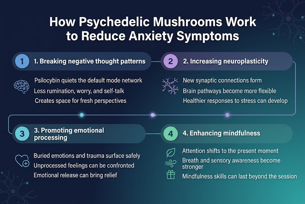 Create A Clean, Modern Medical Infographic In A 3:2 Aspect Ratio, Full-Bleed Wide Layout With No Poster Frame, Using A Dark Navy To Teal Gradient Background, White Text, Soft Purple And Cyan Accents, And Subtle Glowing Linework. Use A Professional Sans-Serif Font With A Bold Title At The Top. Top Header Centered Across The Width: &Quot;How Psychedelic Mushrooms Work To Reduce Anxiety Symptoms&Quot; Below The Title, Arrange Four Wide Horizontal Sections In A 2X2 Grid Across The Page, Each With A Numbered Circle, A Bold Subheading, A Simple Icon, And 2–3 Short Lines Of Body Text. Section 1, Upper Left, With A Brain/Network Icon And A Blue Circular Number Badge: &Quot;1. Breaking Negative Thought Patterns&Quot; Body Text: &Quot;Psilocybin Quiets The Default Mode Network&Quot; &Quot;Less Rumination, Worry, And Self-Talk&Quot; &Quot;Creates Space For Fresh Perspectives&Quot; Section 2, Upper Right, With A Branching Neurons Icon And A Purple Circular Number Badge: &Quot;2. Increasing Neuroplasticity&Quot; Body Text: &Quot;New Synaptic Connections Form&Quot; &Quot;Brain Pathways Become More Flexible&Quot; &Quot;Healthier Responses To Stress Can Develop&Quot; Section 3, Lower Left, With A Heart + Emotional Release Icon And A Teal Circular Number Badge: &Quot;3. Promoting Emotional Processing&Quot; Body Text: &Quot;Buried Emotions And Trauma Surface Safely&Quot; &Quot;Unprocessed Feelings Can Be Confronted&Quot; &Quot;Emotional Release Can Bring Relief&Quot; Section 4, Lower Right, With A Leaf, Breath, And Present-Moment Icon And A Green Circular Number Badge: &Quot;4. Enhancing Mindfulness&Quot; Body Text: &Quot;Attention Shifts To The Present Moment&Quot; &Quot;Breath And Sensory Awareness Become Stronger&Quot; &Quot;Mindfulness Skills Can Last Beyond The Session&Quot; Add A Thin Connecting Flow Line Running Left To Right Through The Sections With Small Glowing Nodes, Suggesting A Chain Of Effects. Include Small Abstract Neural Patterns In The Background, But Keep The Layout Clean And Readable. Use Clear Visual Hierarchy, Balanced Spacing, And Wide Section Blocks Rather Than A Narrow Vertical Stack.