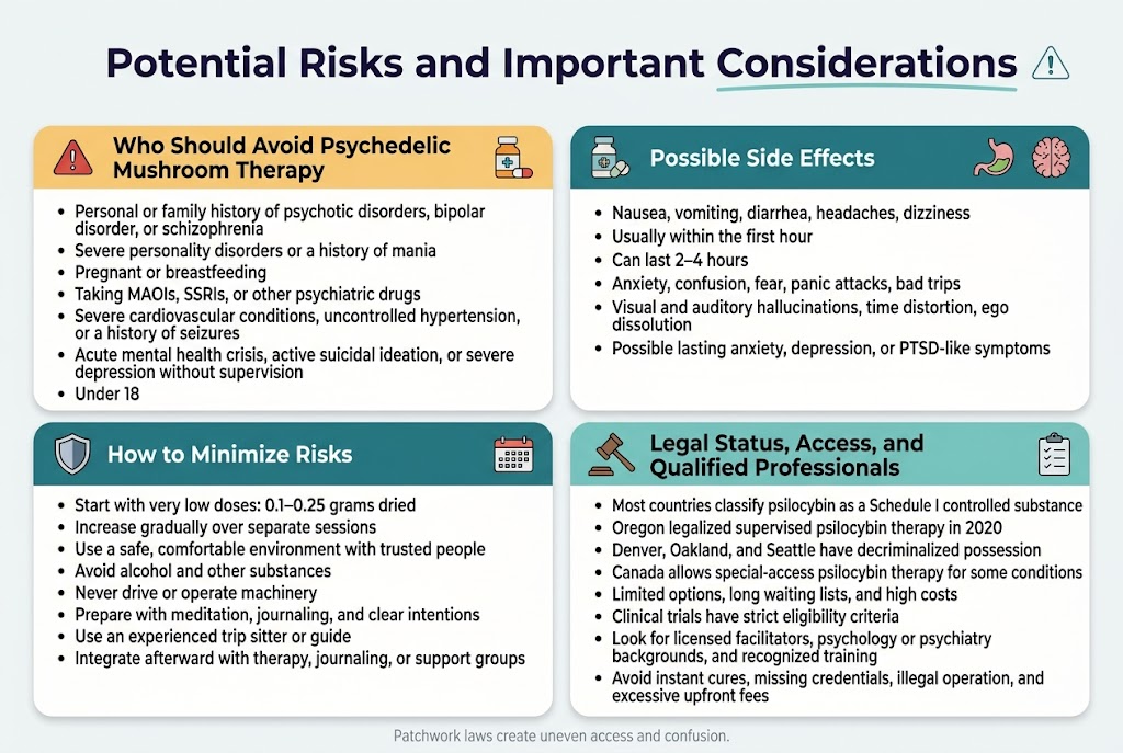 Create A Clean, Professional Full-Bleed Infographic In A 3:2 Landscape Layout With A White Background, Deep Indigo Headings, Teal Section Headers, Amber Warning Accents, And Subtle Gray Dividers. Use Modern Sans-Serif Fonts With Strong Hierarchy. Top Center: Large Bold Title Text: &Quot;Potential Risks And Important Considerations&Quot; With A Thin Teal Underline And A Small Caution Triangle Icon Beside It. Below The Title, Arrange Four Wide Horizontal Content Blocks In A 2X2 Grid Across The Page, Each With A Colored Header Bar, A Simple Icon, And Compact Bullet Points. Block 1, Upper Left, Header: &Quot;Who Should Avoid Psychedelic Mushroom Therapy&Quot; With A Red Warning Icon: - &Quot;Personal Or Family History Of Psychotic Disorders, Bipolar Disorder, Or Schizophrenia&Quot; - &Quot;Severe Personality Disorders Or A History Of Mania&Quot; - &Quot;Pregnant Or Breastfeeding&Quot; - &Quot;Taking Maois, Ssris, Or Other Psychiatric Drugs&Quot; - &Quot;Severe Cardiovascular Conditions, Uncontrolled Hypertension, Or A History Of Seizures&Quot; - &Quot;Acute Mental Health Crisis, Active Suicidal Ideation, Or Severe Depression Without Supervision&Quot; - &Quot;Under 18&Quot; Block 2, Upper Right, Header: &Quot;Possible Side Effects&Quot; With A Split Icon Showing A Stomach And A Brain: - &Quot;Nausea, Vomiting, Diarrhea, Headaches, Dizziness&Quot; - &Quot;Usually Within The First Hour&Quot; - &Quot;Can Last 2–4 Hours&Quot; - &Quot;Anxiety, Confusion, Fear, Panic Attacks, Bad Trips&Quot; - &Quot;Visual And Auditory Hallucinations, Time Distortion, Ego Dissolution&Quot; - &Quot;Possible Lasting Anxiety, Depression, Or Ptsd-Like Symptoms&Quot; Block 3, Lower Left, Header: &Quot;How To Minimize Risks&Quot; With A Shield Icon: - &Quot;Start With Very Low Doses: 0.1–0.25 Grams Dried&Quot; - &Quot;Increase Gradually Over Separate Sessions&Quot; - &Quot;Use A Safe, Comfortable Environment With Trusted People&Quot; - &Quot;Avoid Alcohol And Other Substances&Quot; - &Quot;Never Drive Or Operate Machinery&Quot; - &Quot;Prepare With Meditation, Journaling, And Clear Intentions&Quot; - &Quot;Use An Experienced Trip Sitter Or Guide&Quot; - &Quot;Integrate Afterward With Therapy, Journaling, Or Support Groups&Quot; Block 4, Lower Right, Header: &Quot;Legal Status, Access, And Qualified Professionals&Quot; With A Gavel Icon And A Small Checklist Icon: - &Quot;Most Countries Classify Psilocybin As A Schedule I Controlled Substance&Quot; - &Quot;Oregon Legalized Supervised Psilocybin Therapy In 2020&Quot; - &Quot;Denver, Oakland, And Seattle Have Decriminalized Possession&Quot; - &Quot;Canada Allows Special-Access Psilocybin Therapy For Some Conditions&Quot; - &Quot;Limited Options, Long Waiting Lists, And High Costs&Quot; - &Quot;Clinical Trials Have Strict Eligibility Criteria&Quot; - &Quot;Look For Licensed Facilitators, Psychology Or Psychiatry Backgrounds, And Recognized Training&Quot; - &Quot;Avoid Instant Cures, Missing Credentials, Illegal Operation, And Excessive Upfront Fees&Quot; Add A Small Footer Strip Across The Bottom With Light Gray Text: &Quot;Patchwork Laws Create Uneven Access And Confusion.&Quot; Place Small Supporting Icons Across The Infographic: Warning Triangle, Pill Bottle, Brain, Stomach, Shield, Calendar, Gavel, Clipboard. Use Clean Spacing, Rounded Rectangles, And Clear Visual Separation Between Sections.