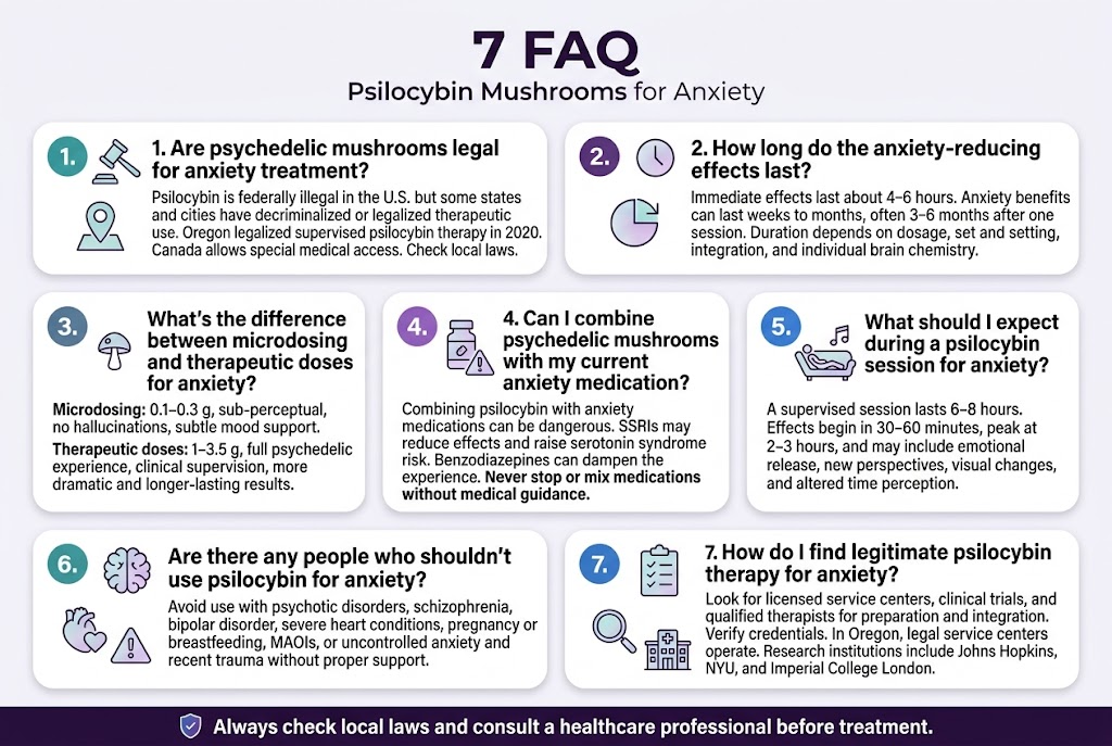 Create A Clean, Professional Full-Bleed Infographic In A 3:2 Landscape Aspect Ratio With A Modern Medical/Wellness Style, White Background, Deep Purple And Teal Accents, Soft Gradient Highlights, And Clear Sans-Serif Typography. Top Header, Spanning The Full Width: Large Bold Title Text: &Quot;7 Faq&Quot; Smaller Subtitle Text Beneath: &Quot;Psilocybin Mushrooms For Anxiety&Quot; Main Layout: Seven Rounded Rectangular Content Blocks Arranged In A Wide 3-Column Grid Across The Page, With 2 Blocks On The Top Row, 3 Blocks On The Middle Row, And 2 Blocks On The Bottom Row. Each Block Has A Numbered Circle Icon On The Left, A Simple Line Icon, A Bold Question Heading, And Short Body Text. Use Clear Spacing And Visual Hierarchy. Block 1 At Upper Left With A Gavel Icon And A Map Pin Icon: Heading Text: &Quot;1. Are Psychedelic Mushrooms Legal For Anxiety Treatment?&Quot; Body Text: &Quot;Psilocybin Is Federally Illegal In The U.s. But Some States And Cities Have Decriminalized Or Legalized Therapeutic Use. Oregon Legalized Supervised Psilocybin Therapy In 2020. Canada Allows Special Medical Access. Check Local Laws.&Quot; Block 2 At Upper Center-Right With A Clock Icon: Heading Text: &Quot;2. How Long Do The Anxiety-Reducing Effects Last?&Quot; Body Text: &Quot;Immediate Effects Last About 4–6 Hours. Anxiety Benefits Can Last Weeks To Months, Often 3–6 Months After One Session. Duration Depends On Dosage, Set And Setting, Integration, And Individual Brain Chemistry.&Quot; Block 3 Across The Middle Left With A Tiny Mushroom Icon And Dose Scale Icon: Heading Text: &Quot;3. What'S The Difference Between Microdosing And Therapeutic Doses For Anxiety?&Quot; Body Text: &Quot;Microdosing: 0.1–0.3 G, Sub-Perceptual, No Hallucinations, Subtle Mood Support. Therapeutic Doses: 1–3.5 G, Full Psychedelic Experience, Clinical Supervision, More Dramatic And Longer-Lasting Results.&Quot; Block 4 Across The Middle Center With A Pill Bottle Icon And Warning Triangle Icon: Heading Text: &Quot;4. Can I Combine Psychedelic Mushrooms With My Current Anxiety Medication?&Quot; Body Text: &Quot;Combining Psilocybin With Anxiety Medications Can Be Dangerous. Ssris May Reduce Effects And Raise Serotonin Syndrome Risk. Benzodiazepines Can Dampen The Experience. Never Stop Or Mix Medications Without Medical Guidance.&Quot; Block 5 Across The Middle Right With A Reclining Person On A Couch Icon And Music Note Icon: Heading Text: &Quot;5. What Should I Expect During A Psilocybin Session For Anxiety?&Quot; Body Text: &Quot;A Supervised Session Lasts 6–8 Hours. Effects Begin In 30–60 Minutes, Peak At 2–3 Hours, And May Include Emotional Release, New Perspectives, Visual Changes, And Altered Time Perception.&Quot; Block 6 At Bottom Left With A Heart And Brain Icon, Plus Caution Symbols: Heading Text: &Quot;6. Are There Any People Who Shouldn'T Use Psilocybin For Anxiety?&Quot; Body Text: &Quot;Avoid Use With Psychotic Disorders, Schizophrenia, Bipolar Disorder, Severe Heart Conditions, Pregnancy Or Breastfeeding, Maois, Or Uncontrolled Anxiety And Recent Trauma Without Proper Support.&Quot; Block 7 At Bottom Right With A Checklist Icon, Magnifying Glass, And Building/Clinic Icons: Heading Text: &Quot;7. How Do I Find Legitimate Psilocybin Therapy For Anxiety?&Quot; Body Text: &Quot;Look For Licensed Service Centers, Clinical Trials, And Qualified Therapists For Preparation And Integration. Verify Credentials. In Oregon, Legal Service Centers Operate. Research Institutions Include Johns Hopkins, Nyu, And Imperial College London.&Quot; Add A Thin Horizontal Footer Bar Across The Bottom With A Small Shield Icon And Bold Reminder Text: &Quot;Always Check Local Laws And Consult A Healthcare Professional Before Treatment.&Quot; Use Bold Dark Text For Headings, Smaller Readable Body Text, Color-Coded Numbered Circles In Teal, Purple, And Blue, And Simple Clean Icons. Keep All Text Crisp, Legible, And Fully Visible.