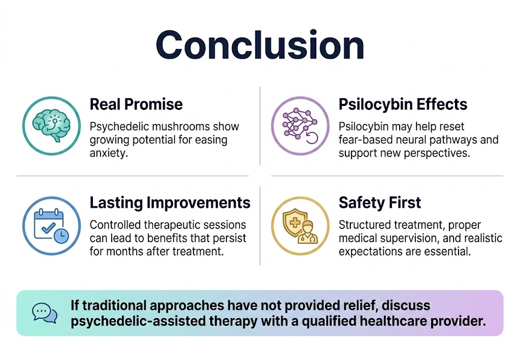 Aspect Ratio 3:2, Full-Bleed Landscape Infographic, Clean Modern Medical Design With A White Background, Deep Navy Headings, Teal And Soft Purple Accent Colors, Subtle Gradient Highlights, Professional Sans-Serif Font. Top Center: Large Bold Title Text In Dark Navy, &Quot;Conclusion&Quot; Below The Title, Arrange Four Wide Horizontal Sections Across The Page In A Balanced 2X2 Grid With Clear Spacing And Thin Divider Lines. Section 1 On The Upper Left: A Teal Circular Icon Of A Brain With A Small Glowing Pathway Inside. Bold Heading: &Quot;Real Promise&Quot; Body Text: &Quot;Psychedelic Mushrooms Show Growing Potential For Easing Anxiety.&Quot; Section 2 On The Upper Right: A Purple Circular Icon Of A Neural Network With Connected Nodes And A Reset Arrow. Bold Heading: &Quot;Psilocybin Effects&Quot; Body Text: &Quot;Psilocybin May Help Reset Fear-Based Neural Pathways And Support New Perspectives.&Quot; Section 3 On The Lower Left: A Blue Circular Icon Of A Calendar With A Checkmark And A Small Clock. Bold Heading: &Quot;Lasting Improvements&Quot; Body Text: &Quot;Controlled Therapeutic Sessions Can Lead To Benefits That Persist For Months After Treatment.&Quot; Section 4 On The Lower Right: A Gold Circular Icon Of A Shield, Medical Cross, And Person With A Clipboard. Bold Heading: &Quot;Safety First&Quot; Body Text: &Quot;Structured Treatment, Proper Medical Supervision, And Realistic Expectations Are Essential.&Quot; Along The Bottom, A Full-Width Highlighted Banner With A Soft Teal-To-Purple Gradient And A Small Speech Bubble Icon On The Left: Bold Text: &Quot;If Traditional Approaches Have Not Provided Relief, Discuss Psychedelic-Assisted Therapy With A Qualified Healthcare Provider.&Quot; Keep The Layout Spacious, Polished, And Easy To Scan. Use Strong Visual Hierarchy With Large Headings, Medium Body Text, And Clear Iconography. No Clutter, No Borders Around The Full Image, No Vertical Poster Composition.