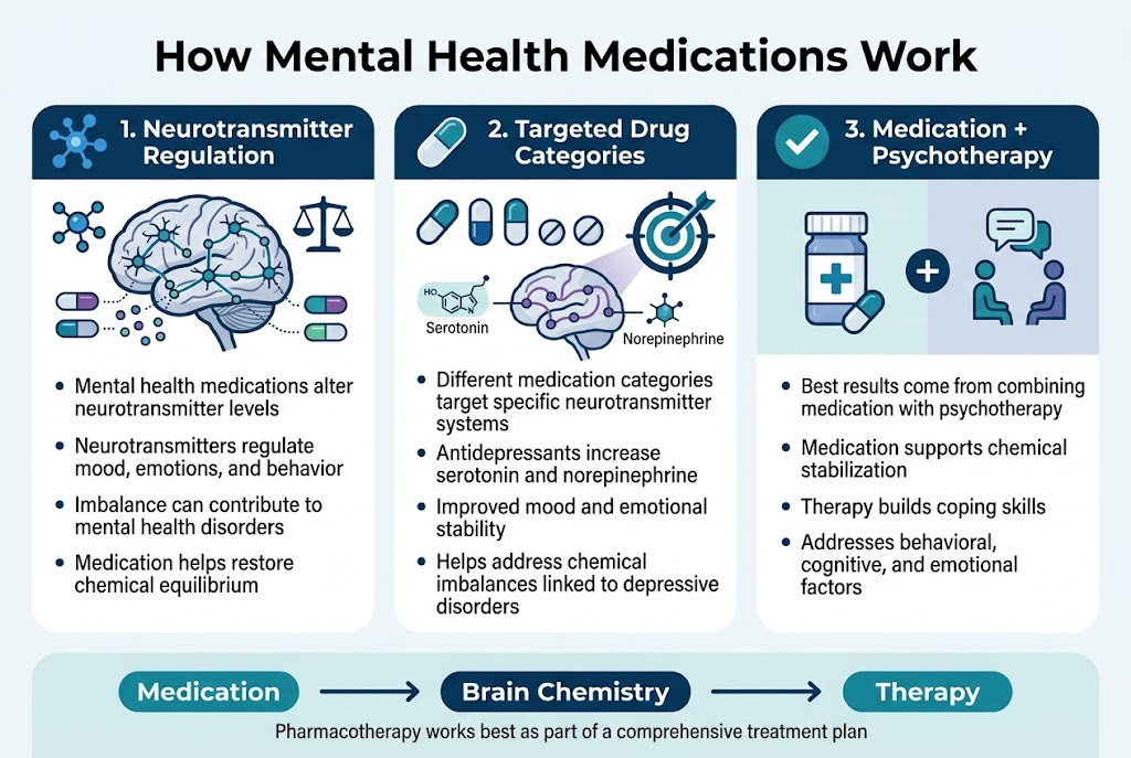 Create a clean, professional full-bleed infographic in a 3:2 aspect ratio with a modern medical style, white background, deep blue and teal accents, subtle purple highlights, and crisp sans-serif typography. Place a bold title across the top center: "How Mental Health Medications Work". Use a wide horizontal layout with three main sections across the page, each in a separate rounded rectangle block with clear icons and numbered labels. LEFT SECTION: Heading: "1. Neurotransmitter Regulation" Include a brain illustration with connected neuron pathways and small chemical dots labeled visually with color-coded capsules. Add a blue neurotransmitter icon cluster and a balanced scale symbol. Body text in short lines: "Mental health medications alter neurotransmitter levels" "Neurotransmitters regulate mood, emotions, and behavior" "Imbalance can contribute to mental health disorders" "Medication helps restore chemical equilibrium" CENTER SECTION: Heading: "2. Targeted Drug Categories" Show a row of medication pills and a target icon aimed at specific brain chemical pathways. Include a highlighted serotonin symbol and a norepinephrine symbol near the brain pathway graphic. Body text in short lines: "Different medication categories target specific neurotransmitter systems" "Antidepressants increase serotonin and norepinephrine" "Improved mood and emotional stability" "Helps address chemical imbalances linked to depressive disorders" RIGHT SECTION: Heading: "3. Medication + Psychotherapy" Use a split visual: a pill bottle and a therapy conversation bubble or two-person counseling icon side by side, connected by a plus sign and a checkmark. Body text in short lines: "Best results come from combining medication with psychotherapy" "Medication supports chemical stabilization" "Therapy builds coping skills" "Addresses behavioral, cognitive, and emotional factors" Add a bottom horizontal band spanning the full width with an integrated care message and a simple three-part flow diagram: "Medication" → "Brain Chemistry" → "Therapy" Include a small caption in the band: "Pharmacotherapy works best as part of a comprehensive treatment plan" Use clear iconography: brain, neurotransmitter dots, pills, target, therapy chat bubbles, checkmark, and plus sign. Keep the design airy, balanced, and easy to scan, with strong visual hierarchy, bold section headings, and concise readable text.