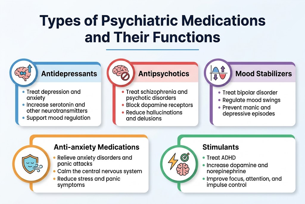 Full-bleed professional infographic in a clean modern medical style, aspect ratio 3:2, white background with soft blue, teal, purple, orange, and green accents, crisp sans-serif fonts, bold hierarchy, subtle shadows, wide horizontal layout with five evenly spaced sections across the canvas. Top center: large bold title in dark navy text, "Types of Psychiatric Medications and Their Functions". Add a thin blue divider line beneath the title. Below the title, arrange five wide color-coded blocks in a 2-row layout: three blocks across the upper middle row and two larger blocks across the lower row, each with a circular icon on the left, a bold category heading, and 2 short bullet lines. 1) Left upper block, blue accent, icon of a brain with a serotonin molecule and upward arrow. Text: "Antidepressants" "• Treat depression and anxiety" "• Increase serotonin and other neurotransmitters" "• Support mood regulation" 2) Center upper block, red accent, icon of a brain with a blocked dopamine symbol. Text: "Antipsychotics" "• Treat schizophrenia and psychotic disorders" "• Block dopamine receptors" "• Reduce hallucinations and delusions" 3) Right upper block, purple accent, icon of a mood curve with up and down arrows stabilized by a line. Text: "Mood Stabilizers" "• Treat bipolar disorder" "• Regulate mood swings" "• Prevent manic and depressive episodes" 4) Left lower block, orange accent, icon of a calm shield and breathing lines. Text: "Anti-anxiety Medications" "• Relieve anxiety disorders and panic attacks" "• Calm the central nervous system" "• Reduce stress and panic symptoms" 5) Right lower block, green accent, icon of a lightning bolt and target next to a focused brain. Text: "Stimulants" "• Treat ADHD" "• Increase dopamine and norepinephrine" "• Improve focus, attention, and impulse control" Use clear section borders, balanced spacing, and simple medical infographic icons. Keep text short and legible, with bold headings and smaller supporting bullet text. No extra text, no watermark, no frame.