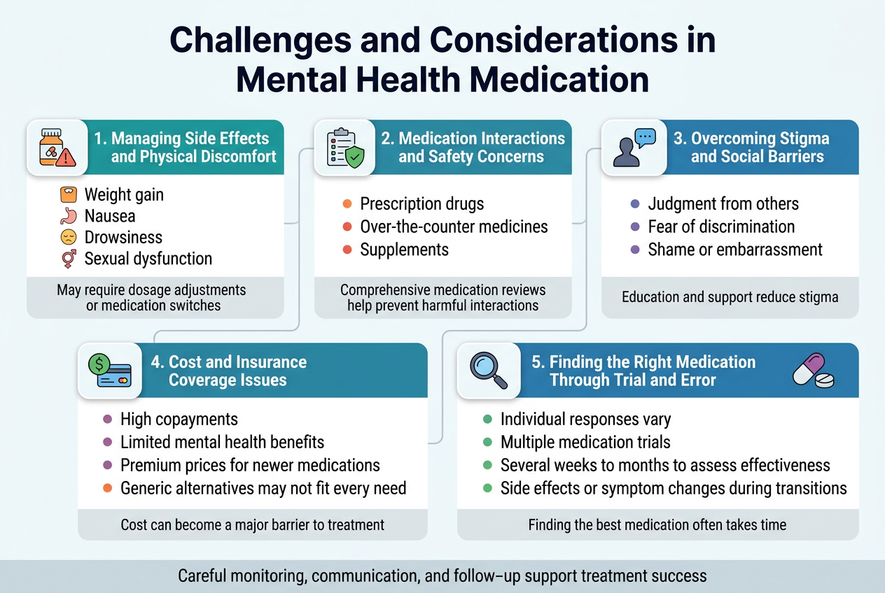 Create a full-bleed professional infographic in a 3:2 aspect ratio, wide landscape layout with no frame, no inset border, and no narrow vertical stack. Use a clean medical style with a white background, dark navy title, teal and blue section headers, soft gray dividers, and small accent colors like orange, red, purple, and green. Use modern sans-serif fonts with strong visual hierarchy. Top center, large bold heading text: "Challenges and Considerations in Mental Health Medication" Below the title, arrange five wide horizontal content blocks in a balanced 2-row layout with icons and numbered labels, using a multi-column composition: 1) Left top block with a pill bottle and warning icon, header text: "1. Managing Side Effects and Physical Discomfort" Include four short bullet points with small icons: - "Weight gain" - "Nausea" - "Drowsiness" - "Sexual dysfunction" Add a small line of text at the bottom of the block: "May require dosage adjustments or medication switches" 2) Center top block with a medication list and shield icon, header text: "2. Medication Interactions and Safety Concerns" Include three bullet points: - "Prescription drugs" - "Over-the-counter medicines" - "Supplements" Add a small line of text: "Comprehensive medication reviews help prevent harmful interactions" 3) Right top block with a person silhouette and social speech bubble icon, header text: "3. Overcoming Stigma and Social Barriers" Include three bullet points: - "Judgment from others" - "Fear of discrimination" - "Shame or embarrassment" Add a small line of text: "Education and support reduce stigma" 4) Left bottom block with a dollar sign and insurance card icon, header text: "4. Cost and Insurance Coverage Issues" Include four bullet points: - "High copayments" - "Limited mental health benefits" - "Premium prices for newer medications" - "Generic alternatives may not fit every need" Add a small line of text: "Cost can become a major barrier to treatment" 5) Right bottom block with a magnifying glass and pills icon, header text: "5. Finding the Right Medication Through Trial and Error" Include four bullet points: - "Individual responses vary" - "Multiple medication trials" - "Several weeks to months to assess effectiveness" - "Side effects or symptom changes during transitions" Add a small line of text: "Finding the best medication often takes time" Use clear numbered markers, subtle connecting lines, and small medical symbols in each section. Add a thin footer band across the bottom with the centered text: "Careful monitoring, communication, and follow-up support treatment success" Keep the layout airy, organized, and easy to read, with consistent spacing, aligned text blocks, and clean infographic iconography.