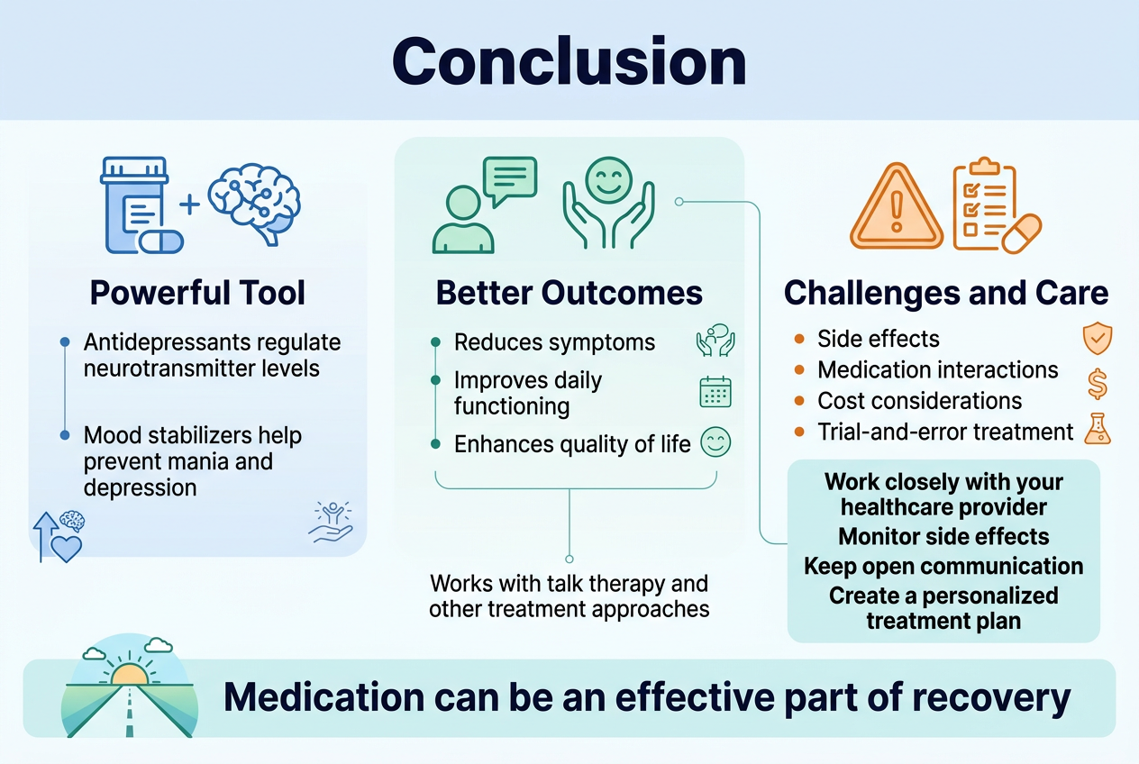 3:2 full-bleed clean professional infographic, modern medical style, white background with soft blue and teal accents, dark navy headings, subtle gradient panels, sans-serif bold typography. Top full-width header bar with a large bold title in dark navy: "Conclusion" Below the title, arrange three wide horizontal sections across the page with balanced multi-column layout, not a vertical stack. Left section: a blue icon of a pill bottle and a neurotransmitter brain, heading: "Powerful Tool", with two short bullet points: "Antidepressants regulate neurotransmitter levels" "Mood stabilizers help prevent mania and depression" Include a small upward arrow and heart/brain icon cluster, plus a subtle symbol of improved daily life. Center section: a green icon of a person with a speech bubble and support hands, heading: "Better Outcomes", with three short bullet points: "Reduces symptoms" "Improves daily functioning" "Enhances quality of life" Add small icons for therapy, a calendar, and a smiling face, and a thin connecting line to show combination treatment. Include a small label beneath: "Works with talk therapy and other treatment approaches" Right section: an orange icon of a warning triangle and pill checklist, heading: "Challenges and Care", with four short bullet points: "Side effects" "Medication interactions" "Cost considerations" "Trial-and-error treatment" Add small icons for a shield, dollar sign, and lab beaker. Beneath, include a highlighted callout box in light teal with bold text: "Work closely with your healthcare provider" "Monitor side effects" "Keep open communication" "Create a personalized treatment plan" Along the bottom, a wide concluding banner with a hopeful illustration of a path forward, and bold text: "Medication can be an effective part of recovery" Use clear visual hierarchy, simple line icons, ample spacing, and concise text only.