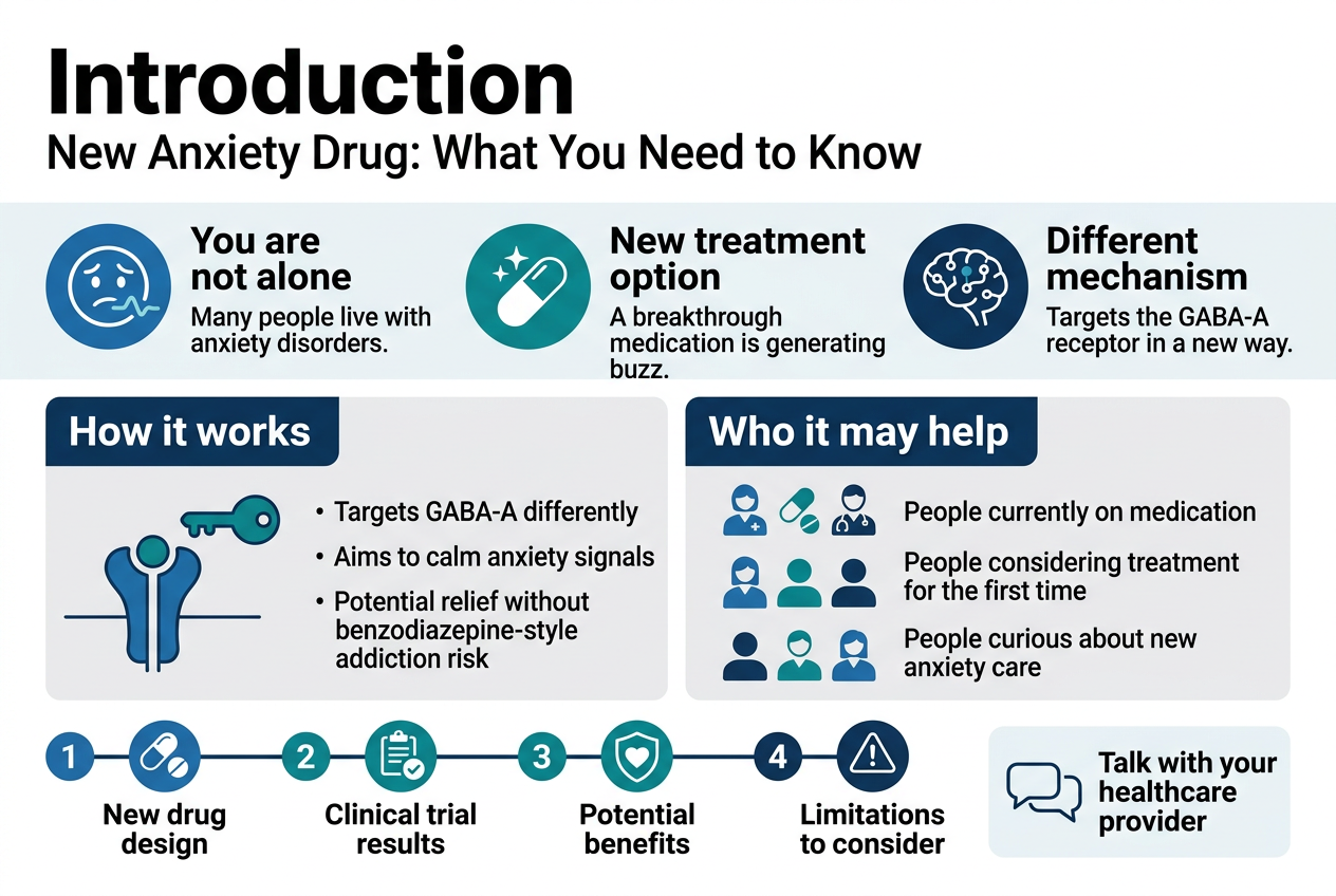 Create a clean, professional medical infographic in a full-bleed 3:2 landscape layout with a modern white background, deep blue and teal accents, and subtle light gray panels. Use bold sans-serif typography with strong hierarchy, crisp iconography, and wide horizontal section blocks across the page.Top header, full width:
Large bold title text: "Introduction"
Smaller subtitle beneath: "New Anxiety Drug: What You Need to Know"Below the header, create a 3-column overview band with simple medical icons and short text blocks:Left block:
Blue circular icon of a worried face and calm wave line.
Text: "You are not alone"
Text below: "Many people live with anxiety disorders."Center block:
Teal circular icon of a capsule and spark.
Text: "New treatment option"
Text below: "A breakthrough medication is generating buzz."Right block:
Navy circular icon of a brain with receptor nodes.
Text: "Different mechanism"
Text below: "Targets the GABA-A receptor in a new way."Main center section, wide horizontal split panel with two columns:
Left side, labeled block title in bold: "How it works"
Use a receptor-and-key visual: a stylized GABA-A receptor with a key-shaped drug molecule approaching it.
Include short bullet text:
"Targets GABA-A differently"
"Aims to calm anxiety signals"
"Potential relief without benzodiazepine-style addiction risk"Right side, labeled block title in bold: "Who it may help"
Use three small icon rows with labels:
"People currently on medication"
"People considering treatment for the first time"
"People curious about new anxiety care"Bottom section, wide 4-step horizontal timeline with numbered circles and icons:
1. "New drug design" with a pill icon
2. "Clinical trial results" with a clipboard and checkmark icon
3. "Potential benefits" with a shield and heart icon
4. "Limitations to consider" with a caution triangle iconAdd a final callout box along the bottom right with a speech bubble icon:
Text: "Talk with your healthcare provider"Use clear spacing, aligned columns, bold section labels, and concise readable text only. No people, no photo realism, no decorative clutter, no vertical poster framing.
