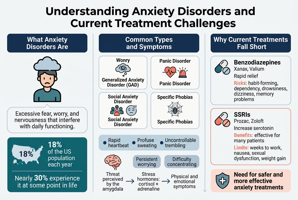 Create a clean, professional medical infographic in a full-bleed 3:2 landscape layout with a modern sans-serif font, white background, deep navy and teal primary colors, coral accent highlights, and subtle light-gray dividers. Place a bold top heading across the full width: "Understanding Anxiety Disorders and Current Treatment Challenges"Use a wide 3-column infographic structure with clear section blocks and icons.LEFT SECTION:
Title block: "What Anxiety Disorders Are"
Below it, a large simple icon of a worried person with a cloud over the head.
Add a short definition in a rounded text box:
"Excessive fear, worry, and nervousness that interfere with daily functioning."Under that, a prominent statistic panel with a US map icon:
"18% of the US population each year"
and beneath it:
"Nearly 30% experience it at some point in life"CENTER SECTION:
Title block: "Common Types and Symptoms"
Use four small labeled icon cards in a 2x2 grid:
1. "Generalized Anxiety Disorder (GAD)" with a looping worry cloud icon
2. "Panic Disorder" with a heartbeat and alarm icon
3. "Social Anxiety Disorder" with a group-of-people icon and a face with stress lines
4. "Specific Phobias" with a spider/web or height iconBelow the type cards, add a horizontal symptoms strip with three icon bullets:
"Rapid heartbeat"
"Profuse sweating"
"Uncontrollable trembling"Add a small brain-to-body flow graphic beneath:
"Threat perceived by the amygdala"
arrow to
"Stress hormones: cortisol + adrenaline"
arrow to
"Physical and emotional symptoms"Also include two smaller symptom labels:
"Persistent worrying"
"Difficulty concentrating"RIGHT SECTION:
Title block: "Why Current Treatments Fall Short"
Split into two stacked medication comparison boxes with pill icons.Top box:
"Benzodiazepines"
"Xanax, Valium"
"Rapid relief"
"Risks: habit-forming, dependency, drowsiness, dizziness, memory problems"Bottom box:
"SSRIs"
"Prozac, Zoloft"
"Increase serotonin"
"Benefits: effective for many patients"
"Limits: weeks to work, nausea, sexual dysfunction, weight gain"At the bottom of the right section, add a highlighted callout banner with a shield-plus icon:
"Need for safer and more effective anxiety treatments"Use clear hierarchy: large bold title, medium section headers, smaller readable body text. Add thin arrows, simple medical icons, and subtle color-coded accents: navy for headers, teal for statistics, coral for risks/limitations, and soft blue-gray for supporting labels. Keep the design spacious, balanced, and horizontally organized with no vertical poster framing.