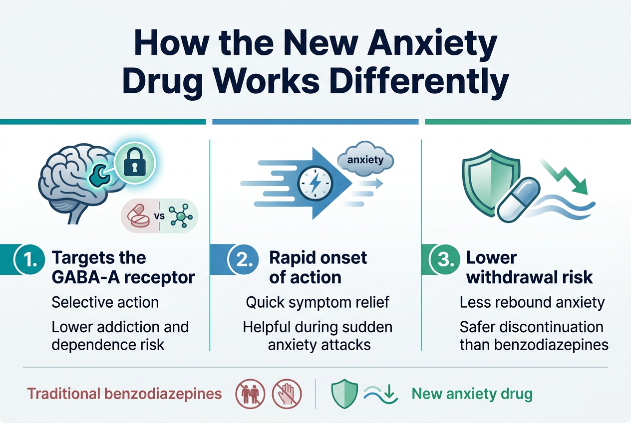 Create a clean, modern medical infographic in a 3:2 aspect ratio with a full-bleed layout, wide horizontal composition, and no inset frame. Use a white background with deep navy, teal, and soft blue accents, subtle gradients, and crisp sans-serif typography.Top center, large bold heading in dark navy: "How the New Anxiety Drug Works Differently"Below the heading, place a horizontal three-panel layout across the width of the canvas, each panel clearly separated with thin teal dividers and a bold numbered circle icon at the left of each panel.LEFT PANEL:
A stylized brain and receptor illustration with a glowing GABA-A receptor lock symbol. Add a small comparison cue showing a traditional benzodiazepine pill icon on one side and a newer selective molecule icon on the other.
Text:
"1. Targets the GABA-A receptor"
"Selective action"
"Lower addiction and dependence risk"
Use a teal circular icon with a receptor/lock symbol.CENTER PANEL:
A fast-moving arrow or speed lines with a clock icon and an anxiety cloud fading quickly.
Text:
"2. Rapid onset of action"
"Quick symptom relief"
"Helpful during sudden anxiety attacks"
Use a blue circular icon with a lightning bolt and clock.RIGHT PANEL:
A shield icon beside a pill tapering downward, with a calm wave and downward arrow indicating reduced withdrawal effects.
Text:
"3. Lower withdrawal risk"
"Less rebound anxiety"
"Safer discontinuation than benzodiazepines"
Use a green circular icon with a shield and downward arrow.Include a small comparison strip along the bottom spanning the width of the image:
Left side label in muted red: "Traditional benzodiazepines"
Right side label in green: "New anxiety drug"
Between them, a simple visual contrast: stronger dependency and withdrawal icons on the left, cleaner and calmer icons on the right.Use clear hierarchy, bold section titles, medium-weight body text, and plenty of spacing. Keep the design professional, clinical, and easy to scan. Ensure all text is sharp and fully readable.