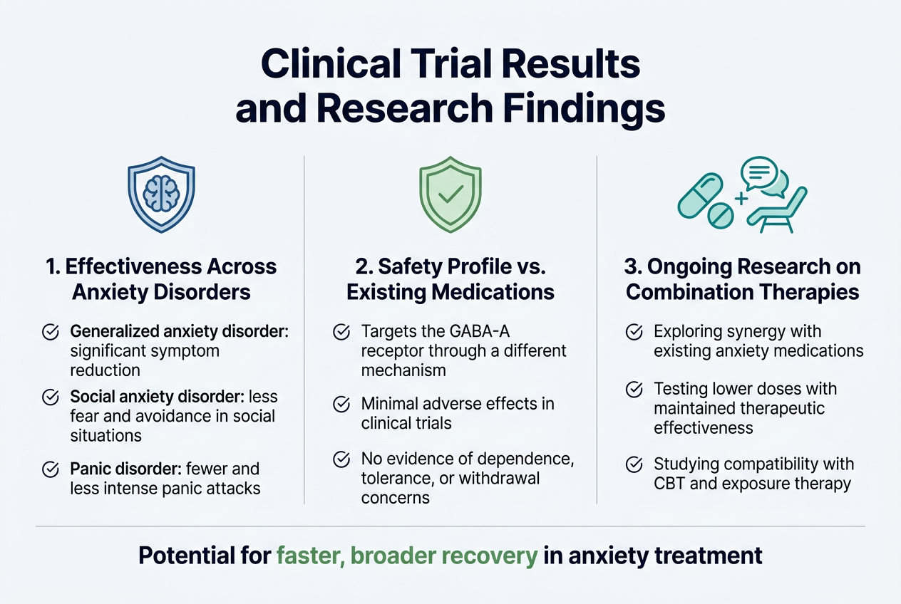 Create a clean, modern medical infographic in a 3:2 aspect ratio with a full-bleed layout and no poster frame. Use a white background with deep blue, teal, and soft green accents, subtle gray dividers, and crisp sans-serif fonts. Place a bold title across the top center in dark navy: "Clinical Trial Results and Research Findings"Below the title, organize the infographic into three wide horizontal sections or three side-by-side blocks across the page, each with a clear icon and numbered heading.LEFT SECTION:
A blue shield-and-brain icon above the heading "1. Effectiveness Across Anxiety Disorders"
Include three compact bullet points with small check icons:
"Generalized anxiety disorder: significant symptom reduction"
"Social anxiety disorder: less fear and avoidance in social situations"
"Panic disorder: fewer and less intense panic attacks"CENTER SECTION:
A green safety shield icon above the heading "2. Safety Profile vs. Existing Medications"
Include three compact bullet points with small check icons:
"Targets the GABA-A receptor through a different mechanism"
"Minimal adverse effects in clinical trials"
"No evidence of dependence, tolerance, or withdrawal concerns"RIGHT SECTION:
A teal combination-therapy icon showing pills plus a speech bubble and therapy chair above the heading "3. Ongoing Research on Combination Therapies"
Include three compact bullet points with small check icons:
"Exploring synergy with existing anxiety medications"
"Testing lower doses with maintained therapeutic effectiveness"
"Studying compatibility with CBT and exposure therapy"Add a small bottom banner spanning the width with a highlighted callout in dark navy and green:
"Potential for faster, broader recovery in anxiety treatment"Use strong visual hierarchy, clean spacing, simple medical line icons, and professional editorial infographic styling. No extra text.