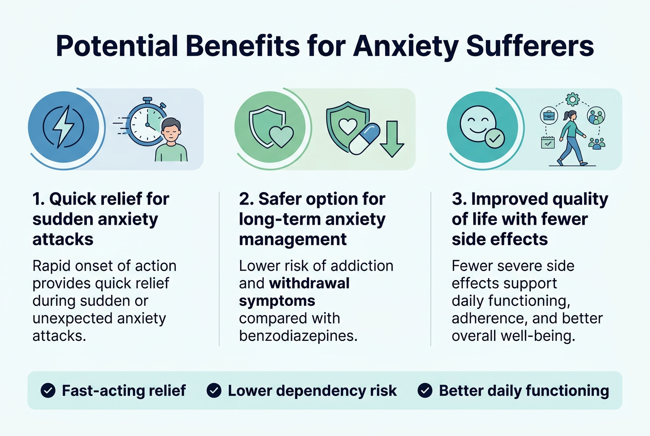 Create a full-bleed professional medical infographic in a 3:2 aspect ratio with a clean white background, teal, blue, and soft green accents, modern sans-serif fonts, and clear visual hierarchy.Top center: bold large title in dark navy text: "Potential Benefits for Anxiety Sufferers"Below the title, arrange three wide horizontal content blocks across the page in a 3-column layout, each with a numbered circle icon, a simple medical-style illustration, a bold subheading, and a short body text.Left block:
A blue circular icon with a lightning bolt.
Subheading: "1. Quick relief for sudden anxiety attacks"
Body text: "Rapid onset of action provides quick relief during sudden or unexpected anxiety attacks."
Add a small illustration of a clock with a fast-moving arrow and a calm figure.Middle block:
A green circular icon with a shield and heart.
Subheading: "2. Safer option for long-term anxiety management"
Body text: "Lower risk of addiction and withdrawal symptoms compared with benzodiazepines."
Add a small illustration of a shield, a capsule, and a downward arrow labeled with reduced risk.Right block:
A teal circular icon with a smiling face and checkmark.
Subheading: "3. Improved quality of life with fewer side effects"
Body text: "Fewer severe side effects support daily functioning, adherence, and better overall well-being."
Add a small illustration of a person walking confidently with work, family, and social icons around them.Bottom area across the full width: a thin highlighted summary band with three small checkmark bullets in dark navy text:
"Fast-acting relief"
"Lower dependency risk"
"Better daily functioning"Use clean spacing, subtle dividers between the three blocks, rounded icon containers, and a polished healthcare infographic style. Avoid clutter.