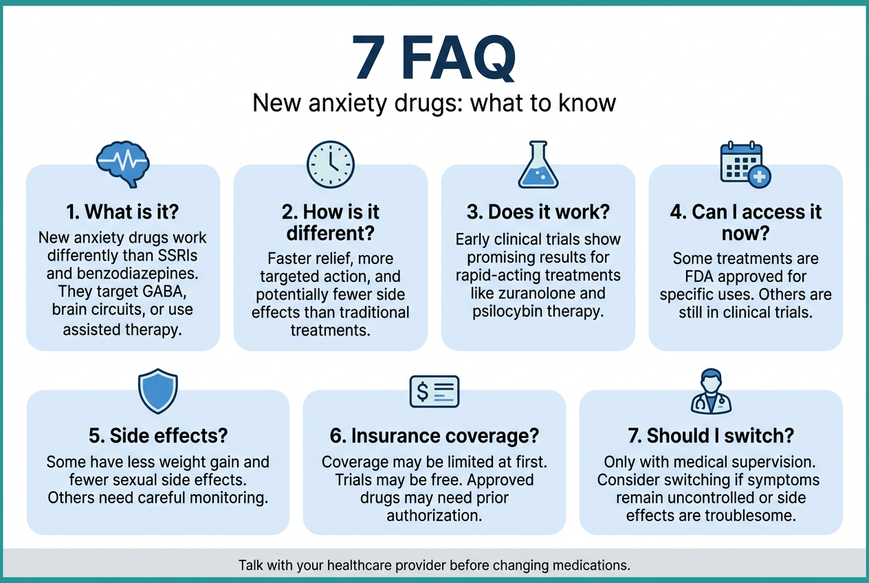 Create a clean, professional full-bleed infographic in a 3:2 aspect ratio with a modern medical style, white background, teal and navy accents, soft blue highlight panels, and crisp sans-serif fonts. Place a bold title across the top center: "7 FAQ". Under the title, add a short subtitle in smaller text: "New anxiety drugs: what to know". Organize the content in a wide 2-row grid of 7 rounded rectangular sections, with 4 sections on the top row and 3 sections on the bottom row, evenly spaced across the wide canvas. Use a small numbered circle and a simple icon for each section.Section 1, top left: blue brain-and-wave icon, heading text: "1. What is it?", body text: "New anxiety drugs work differently than SSRIs and benzodiazepines. They target GABA, brain circuits, or use psychedelic-assisted therapy."Section 2, top row: clock icon, heading text: "2. How is it different?", body text: "Faster relief, more targeted action, and potentially fewer side effects than traditional treatments."Section 3, top row: lab flask icon, heading text: "3. Does it work?", body text: "Early clinical trials show promising results for rapid-acting treatments like zuranolone and psilocybin therapy."Section 4, top right: calendar and clinic icon, heading text: "4. Can I access it now?", body text: "Some treatments are FDA approved for specific uses. Others are still in clinical trials."Section 5, bottom left: shield icon, heading text: "5. Side effects?", body text: "Some have less weight gain and fewer sexual side effects. Others need careful monitoring."Section 6, bottom middle: dollar sign and insurance card icon, heading text: "6. Insurance coverage?", body text: "Coverage may be limited at first. Trials may be free. Approved drugs may need prior authorization."Section 7, bottom right: doctor consultation icon, heading text: "7. Should I switch?", body text: "Only with medical supervision. Consider switching if symptoms remain uncontrolled or side effects are troublesome."Add a subtle footer bar across the bottom with small text: "Talk with your healthcare provider before changing medications." Use clear visual hierarchy, strong contrast, neat alignment, generous spacing, and simple medical infographic symbols. Avoid clutter and keep all text large and readable.
