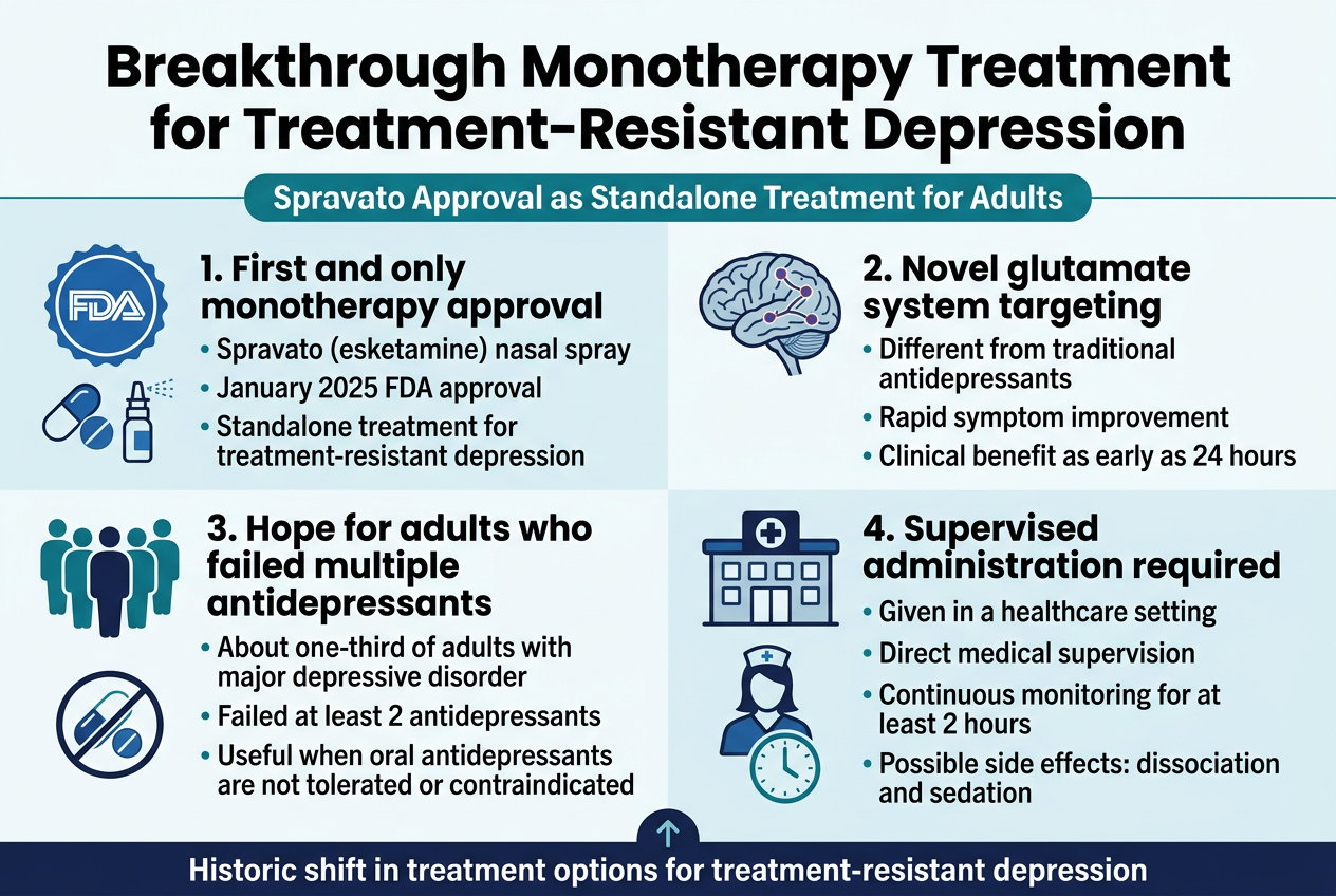 Full-bleed professional medical infographic, aspect ratio 3:2, clean modern layout with white background, deep navy and teal accents, subtle light blue gradients, bold sans-serif typography, strong visual hierarchy. Top center headline in large bold text: "Breakthrough Monotherapy Treatment for Treatment-Resistant Depression" Directly beneath headline, smaller subtitle bar in teal: "Spravato Approval as Standalone Treatment for Adults" Use a wide 4-section horizontal layout across the page with clear numbered blocks, each with a distinct icon and short text. Section 1 on upper left, with a blue FDA-style approval stamp icon and a pill/spray icon: "1. First and only monotherapy approval" "Spravato (esketamine) nasal spray" "January 2025 FDA approval" "Standalone treatment for treatment-resistant depression" Section 2 on upper center-right, with a brain icon and highlighted glutamate pathway lines: "2. Novel glutamate system targeting" "Different from traditional antidepressants" "Rapid symptom improvement" "Clinical benefit as early as 24 hours" Section 3 on lower left, with a group of patient silhouettes and a crossed-out pill icon: "3. Hope for adults who failed multiple antidepressants" "About one-third of adults with major depressive disorder" "Failed at least 2 antidepressants" "Useful when oral antidepressants are not tolerated or contraindicated" Section 4 on lower center-right, with a medical clinic icon, nurse silhouette, and clock icon: "4. Supervised administration required" "Given in a healthcare setting" "Direct medical supervision" "Continuous monitoring for at least 2 hours" "Possible side effects: dissociation and sedation" Add a slim bottom summary banner in dark navy with white text and a small upward arrow icon: "Historic shift in treatment options for treatment-resistant depression" Use clear spacing, simple medical illustrations, minimal decorative elements, no inset frame, no photo realism, no clutter.