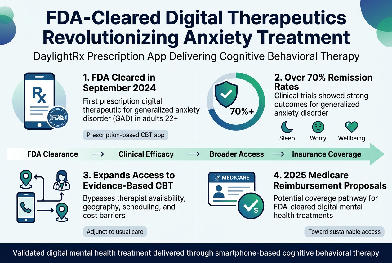 Create a clean, professional full-bleed infographic in a wide 3:2 aspect ratio with a modern healthcare tech style. Use a white background with deep blue, teal, and green accents, subtle gradient shapes, and crisp sans-serif typography. Top header across the full width: large bold title in dark navy text: "FDA-Cleared Digital Therapeutics Revolutionizing Anxiety Treatment" Add a smaller subtitle directly beneath: "DaylightRx Prescription App Delivering Cognitive Behavioral Therapy" Use a 4-section horizontal grid or two-column layout with clear visual hierarchy, numbered blocks, and simple medical-tech icons. Section 1 on the upper left: a smartphone icon with a prescription symbol and a small FDA seal icon. Include bold text: "1. FDA Cleared in September 2024" and smaller text: "First prescription digital therapeutic for generalized anxiety disorder (GAD) in adults 22+" Add a small label beneath: "Prescription-based CBT app" Section 2 on the upper right: a shield/check icon with a progress ring showing "70%+". Include bold text: "2. Over 70% Remission Rates" and smaller text: "Clinical trials showed strong outcomes for generalized anxiety disorder" Add three small mini-icons beneath: a crescent moon, a worried face, and a heart, with short labels: "Sleep", "Worry", "Wellbeing" Section 3 on the lower left: a pathway/access icon showing a smartphone connected to a clinician and multiple location pins. Include bold text: "3. Expands Access to Evidence-Based CBT" and smaller text: "Bypasses therapist availability, geography, scheduling, and cost barriers" Add a small line of text: "Adjunct to usual care" Section 4 on the lower right: a Medicare-style card icon and a checkmark with dollar sign. Include bold text: "4. 2025 Medicare Reimbursement Proposals" and smaller text: "Potential coverage pathway for FDA-cleared digital mental health treatments" Add a small footer note inside the section: "Toward sustainable access" Across the center or lower middle, include a slim horizontal highlight band with a timeline arrow and short text labels: "FDA Clearance" → "Clinical Efficacy" → "Broader Access" → "Insurance Coverage" At the bottom, add a concise impact statement in a dark blue banner: "Validated digital mental health treatment delivered through smartphone-based cognitive behavioral therapy" Use icons that are flat, clean, and easy to recognize. Keep all text sharp, legible, and correctly spelled. Arrange the layout in wide horizontal sections, not a centered vertical stack.