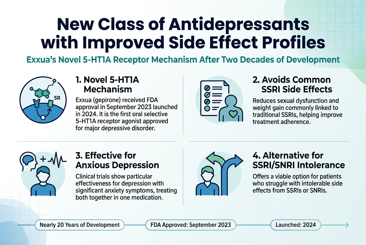 Create a full-bleed 3:2 infographic illustration with a clean, modern medical design in blue, teal, white, and subtle green accents. Use a wide horizontal layout with a bold title across the top and four clearly separated content blocks arranged in two rows of two columns. Include crisp sans-serif typography, strong visual hierarchy, and simple medical icons. Top header: large bold title centered across the top in dark navy text: "New Class of Antidepressants with Improved Side Effect Profiles" Directly below the title, add a smaller subtitle in teal: "Exxua's Novel 5-HT1A Receptor Mechanism After Two Decades of Development" Section 1 on the upper left: Place a circular icon of a serotonin receptor and molecule pathway in blue/teal. Heading text: "1. Novel 5-HT1A Mechanism" Body text: "Exxua (gepirone) received FDA approval in September 2023 and launched in 2024. It is the first oral selective 5-HT1A receptor agonist approved for major depressive disorder." Section 2 on the upper right: Place a clean icon showing a crossed-out pill side effect list with a heart and body silhouette. Heading text: "2. Avoids Common SSRI Side Effects" Body text: "Reduces sexual dysfunction and weight gain commonly linked to traditional SSRIs, helping improve treatment adherence." Section 3 on the lower left: Place an icon of a person with overlapping mood and anxiety symbols, such as a brain plus alert wave lines. Heading text: "3. Effective for Anxious Depression" Body text: "Clinical trials show particular effectiveness for depression with significant anxiety symptoms, treating both together in one medication." Section 4 on the lower right: Place an icon of alternative treatment options with a patient and a choice arrow. Heading text: "4. Alternative for SSRI/SNRI Intolerance" Body text: "Offers a viable option for patients who struggle with intolerable side effects from SSRIs or SNRIs." Add a slim horizontal timeline or milestone strip near the bottom with three labeled milestones in small rounded boxes: "Nearly 20 Years of Development", "FDA Approved: September 2023", "Launched: 2024" Use subtle medical grid patterns or soft gradient shapes in the background, but keep the layout uncluttered and easy to read. Use strong contrast, clear section dividers, and balanced spacing. No extra text beyond the specified headings, body text, and milestone labels.