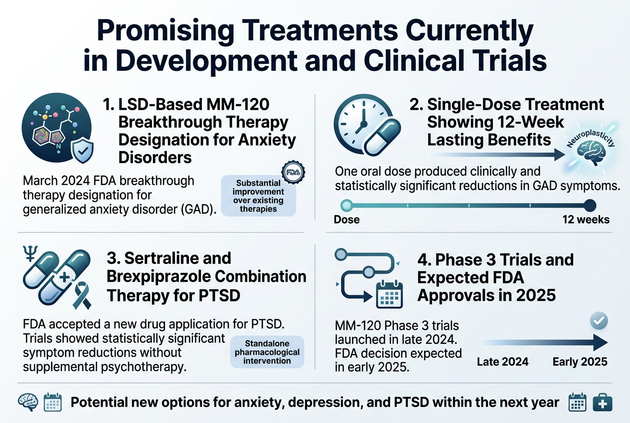Create a clean, professional full-bleed infographic in a 3:2 aspect ratio with a modern medical-tech style, white background, deep navy and teal accents, soft blue highlights, and subtle gray dividers. Use bold sans-serif typography with a strong hierarchy. Place a large headline across the top center: "Promising Treatments Currently in Development and Clinical Trials". Below the title, organize the content into four wide horizontal sections with clear numbered labels, icon markers, and short body text. Use a left-to-right layout with balanced spacing, not a narrow vertical stack. SECTION 1 — left upper block: A circular icon of a psychedelic-style molecule with a small shield badge. Heading text: "1. LSD-Based MM-120 Breakthrough Therapy Designation for Anxiety Disorders". Body text in smaller font: "March 2024 FDA breakthrough therapy designation for generalized anxiety disorder (GAD)." Add a small callout badge: "Substantial improvement over existing therapies". Include a tiny FDA-style approval stamp icon near the badge. SECTION 2 — right upper block: A clock and single-pill icon with a glowing 12-week timeline line. Heading text: "2. Single-Dose Treatment Showing 12-Week Lasting Benefits". Body text: "One oral dose produced clinically and statistically significant reductions in GAD symptoms." Add a horizontal timeline labeled: "Dose" at the start and "12 weeks" at the end. Include a small arrow and a neuroplasticity brain icon with soft light trails. SECTION 3 — left lower block: A two-pill combination icon with linked capsules, one labeled visually by an SSRI-style symbol and one by an antipsychotic-style symbol, plus a PTSD ribbon icon. Heading text: "3. Sertraline and Brexpiprazole Combination Therapy for PTSD". Body text: "FDA accepted a new drug application for PTSD. Trials showed statistically significant symptom reductions without supplemental psychotherapy." Add a small badge: "Standalone pharmacological intervention". SECTION 4 — right lower block: A clean clinical trial pathway graphic with step markers and a calendar icon. Heading text: "4. Phase 3 Trials and Expected FDA Approvals in 2025". Body text: "MM-120 Phase 3 trials launched in late 2024. FDA decision expected in early 2025." Add a forward-pointing arrow from "Late 2024" to "Early 2025" and a subtle hopeful checkmark icon. Add a slim bottom band across the width with a concise summary line in bold: "Potential new options for anxiety, depression, and PTSD within the next year". Use small supporting icons of a brain, calendar, and medical cross. Keep the layout spacious, polished, and information-rich, with clear section separation and strong visual clarity.