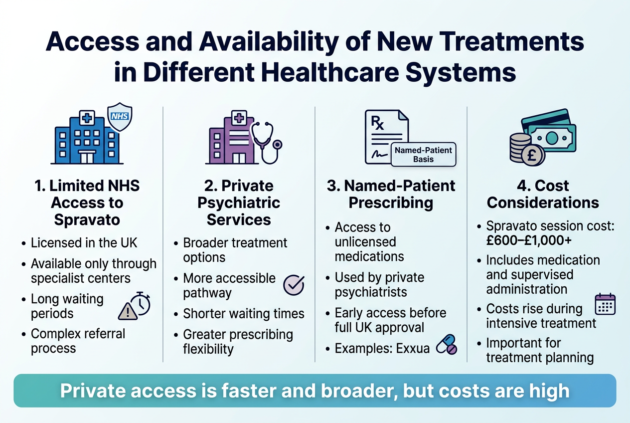 Create a clean professional infographic illustration in a 3:2 landscape format with a full-bleed background, white and light blue clinical theme, dark navy headings, teal and purple accents, modern sans-serif fonts, and clear visual hierarchy. Top center bold title in large dark navy text: "Access and Availability of New Treatments in Different Healthcare Systems" Below the title, use a wide 4-section horizontal layout with four equal panels across the page, each with a distinct icon and numbered heading. Section 1 on the left: A blue hospital building icon with a small NHS-style shield symbol. Heading text: "1. Limited NHS Access to Spravato" Body text in short lines: "Licensed in the UK" "Available only through specialist centers" "Long waiting periods" "Complex referral process" Add a small warning/clock icon beside "Long waiting periods". Section 2 next to it: A purple private clinic icon with a stethoscope. Heading text: "2. Private Psychiatric Services" Body text in short lines: "Broader treatment options" "More accessible pathway" "Shorter waiting times" "Greater prescribing flexibility" Add a checkmark icon beside "More accessible pathway". Section 3 next: A document and prescription icon with a small tag reading "Named-Patient Basis". Heading text: "3. Named-Patient Prescribing" Body text in short lines: "Access to unlicensed medications" "Used by private psychiatrists" "Early access before full UK approval" "Examples: Exxua" Add a small medicine capsule icon. Section 4 on the right: A coin stack and credit card icon with a cash symbol. Heading text: "4. Cost Considerations" Body text in short lines: "Spravato session cost: £600–£1,000+" "Includes medication and supervised administration" "Costs rise during intensive treatment" "Important for treatment planning" Add a small calendar icon beside "Costs rise during intensive treatment". At the bottom, add a wide summary bar with a subtle gradient from teal to light blue and bold white text: "Private access is faster and broader, but costs are high" Use simple divider lines between panels, balanced spacing, crisp flat vector icons, and highly legible text. Avoid clutter, keep the layout airy and organized, with all text large enough to read clearly.