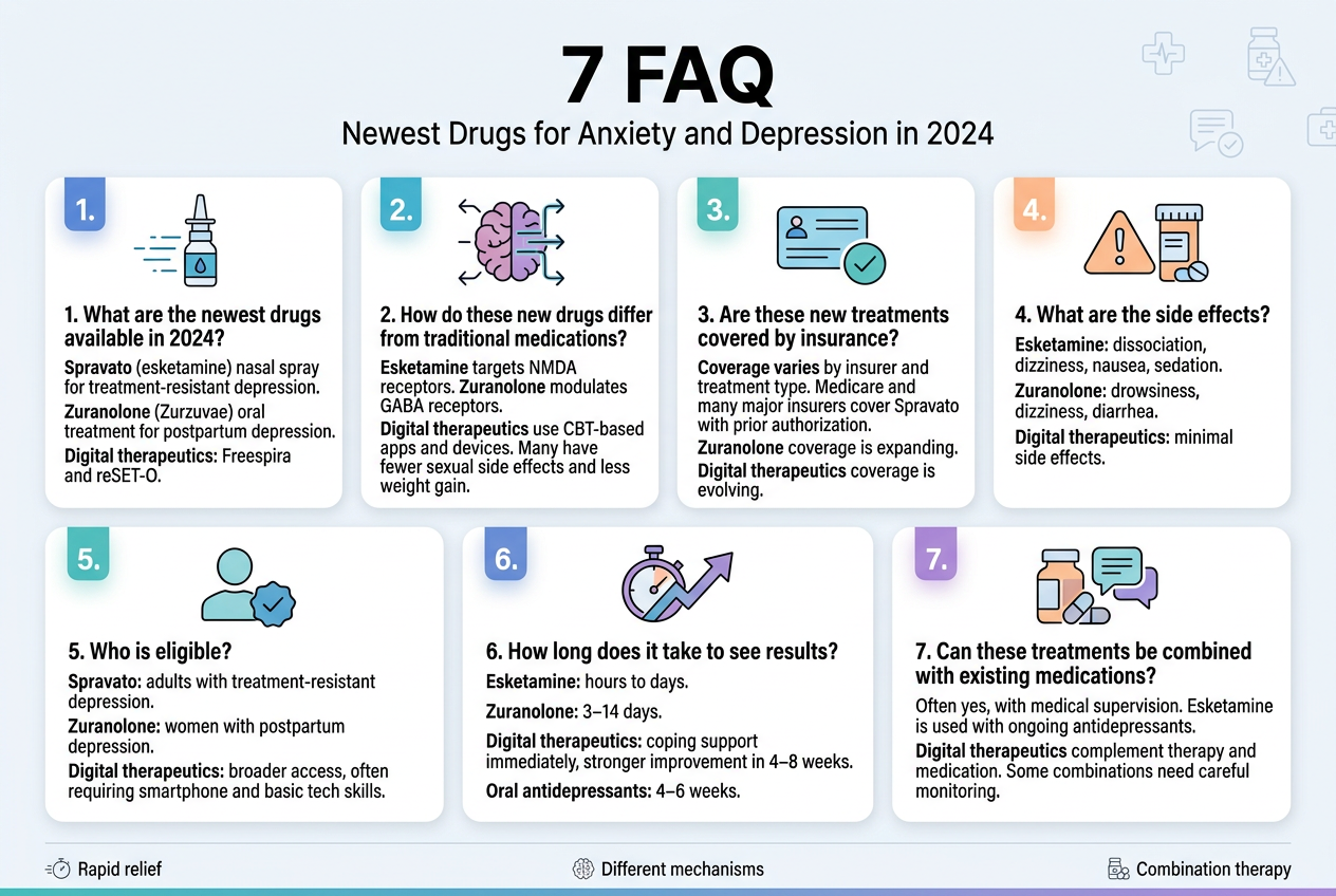 Aspect ratio 3:2, full-bleed professional infographic on a clean light background with blue, teal, purple, and soft orange accents. Large bold title at the top center: "7 FAQ". Under the title, a smaller subtitle: "Newest Drugs for Anxiety and Depression in 2024". Use a modern sans-serif font, strong visual hierarchy, clear section dividers, rounded cards, subtle medical line icons, and a wide horizontal multi-column layout with no vertical poster frame. Arrange 7 numbered content blocks in a 2-row grid across the page, each block with a colored number badge, a simple icon, a bold question line, and a short answer line. Block 1, top left, icon of a nasal spray bottle and fast motion lines: "1. What are the newest drugs available in 2024?" "Spravato (esketamine) nasal spray for treatment-resistant depression. Zuranolone (Zurzuvae) oral treatment for postpartum depression. Digital therapeutics: Freespira and reSET-O." Block 2, top center-left, icon of brain with pathway arrows: "2. How do these new drugs differ from traditional medications?" "Esketamine targets NMDA receptors. Zuranolone modulates GABA receptors. Digital therapeutics use CBT-based apps and devices. Many have fewer sexual side effects and less weight gain." Block 3, top center-right, icon of insurance card and checkmark: "3. Are these new treatments covered by insurance?" "Coverage varies by insurer and treatment type. Medicare and many major insurers cover Spravato with prior authorization. Zuranolone coverage is expanding. Digital therapeutics coverage is evolving." Block 4, top right, icon of warning triangle and pill bottle: "4. What are the side effects?" "Esketamine: dissociation, dizziness, nausea, sedation. Zuranolone: drowsiness, dizziness, diarrhea. Digital therapeutics: minimal side effects." Block 5, bottom left, icon of person silhouette and eligibility badge: "5. Who is eligible?" "Spravato: adults with treatment-resistant depression. Zuranolone: women with postpartum depression. Digital therapeutics: broader access, often requiring smartphone and basic tech skills." Block 6, bottom center-left, icon of stopwatch and upward trend arrow: "6. How long does it take to see results?" "Esketamine: hours to days. Zuranolone: 3–14 days. Digital therapeutics: coping support immediately, stronger improvement in 4–8 weeks. Oral antidepressants: 4–6 weeks." Block 7, bottom center-right, icon of two overlapping pill bottles and a therapy chat bubble: "7. Can these treatments be combined with existing medications?" "Often yes, with medical supervision. Esketamine is used with ongoing antidepressants. Digital therapeutics complement therapy and medication. Some combinations need careful monitoring." Add a slim footer strip across the bottom with three small icon labels in compact text: "Rapid relief" "Different mechanisms" "Combination therapy" Use crisp spacing, readable typography, balanced columns, and medical infographic styling, with subtle gradients and minimal shadows.