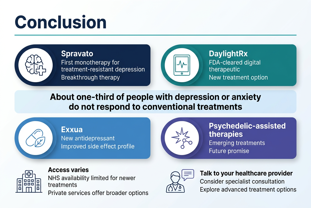 Create a clean modern medical infographic in a full-bleed 3:2 landscape layout, with a white background, deep navy and teal accents, soft blue gradients, and subtle clinical-style line icons. Use a bold sans-serif headline at the top left reading "Conclusion". Place a thin teal divider line beneath the title. Below the heading, arrange the content in a wide 2-row grid of four professional information blocks, each with a large colored circular icon on the left and a short text block on the right. Block 1, top left: a navy card with a brain and medical cross icon. Include the text: "Spravato" "First monotherapy for treatment-resistant depression" "Breakthrough therapy" Block 2, top right: a teal card with a digital tablet and pulse line icon. Include the text: "DaylightRx" "FDA-cleared digital therapeutic" "New treatment option" Block 3, bottom left: a blue card with a capsule and leaf icon. Include the text: "Exxua" "New antidepressant" "Improved side effect profile" Block 4, bottom right: a purple card with a starburst and molecule icon. Include the text: "Psychedelic-assisted therapies" "Emerging treatments" "Future promise" Across the center of the layout, add a highlighted horizontal banner with a large bold statistic: "About one-third of people with depression or anxiety do not respond to conventional treatments" On the lower left, add a small section with a hospital building icon and the text: "Access varies" "NHS availability limited for newer treatments" "Private services offer broader options" On the lower right, add a consultation section with a doctor and speech bubble icon and the text: "Talk to your healthcare provider" "Consider specialist consultation" "Explore advanced treatment options" Use strong visual hierarchy: large title, medium subheads, smaller supporting text. Keep all text sharp, legible, and well-spaced. Use subtle shadows, rounded rectangles, and clean infographic styling. No borders or poster frame, just a seamless full-bleed composition.
