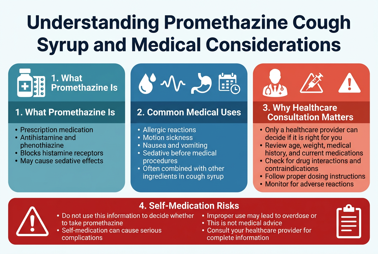 Create a full-bleed 3:2 landscape medical infographic in a clean, professional style with a white background, deep navy headings, teal and blue accent panels, and subtle red warning highlights. Use modern sans-serif fonts with strong visual hierarchy. Top center: large bold title in dark navy text: "Understanding Promethazine Cough Syrup and Medical Considerations" Below the title, arrange three wide horizontal sections across the page, using a 3-column layout with clear icons and numbered labels. Left section: a teal-blue rounded rectangle with a white medical bottle and antihistamine icon. Add the heading: "1. What Promethazine Is" Include short bullet text: • "Prescription medication" • "Antihistamine and phenothiazine" • "Blocks histamine receptors" • "May cause sedative effects" Middle section: a blue rounded rectangle with icons for allergy drop, motion sickness wave, nausea stomach, and a syringe/calendar for pre-procedure use. Add the heading: "2. Common Medical Uses" Include short bullet text: • "Allergic reactions" • "Motion sickness" • "Nausea and vomiting" • "Sedative before medical procedures" • "Often combined with other ingredients in cough syrup" Right section: a red-orange rounded rectangle with a doctor silhouette and warning triangle icon. Add the heading: "3. Why Healthcare Consultation Matters" Include short bullet text: • "Only a healthcare provider can decide if it is right for you" • "Review age, weight, medical history, and current medications" • "Check for drug interactions and contraindications" • "Follow proper dosing instructions" • "Monitor for adverse reactions" Along the bottom, create a full-width red warning band with a bold warning triangle icon on the left and a clipboard icon on the right. Add the heading: "4. Self-Medication Risks" Include short bullet text in white: • "Do not use this information to decide whether to take promethazine" • "Self-medication can cause serious complications" • "Improper use may lead to overdose or respiratory depression" • "This is not medical advice" • "Consult your healthcare provider for complete information" Use clear section dividers, balanced spacing, and wide horizontal composition. Keep all text crisp, legible, and limited to the exact wording above.